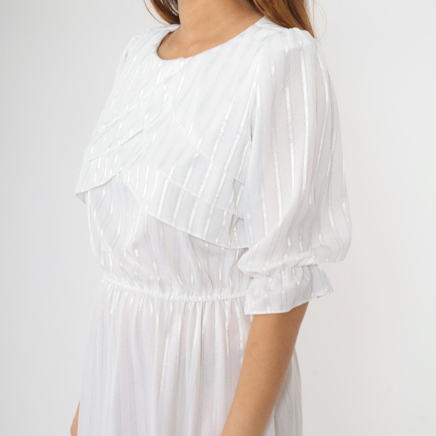 80s White Striped Midi Dress Puff Sleeve High Waist Semi-Sheer Medium M
