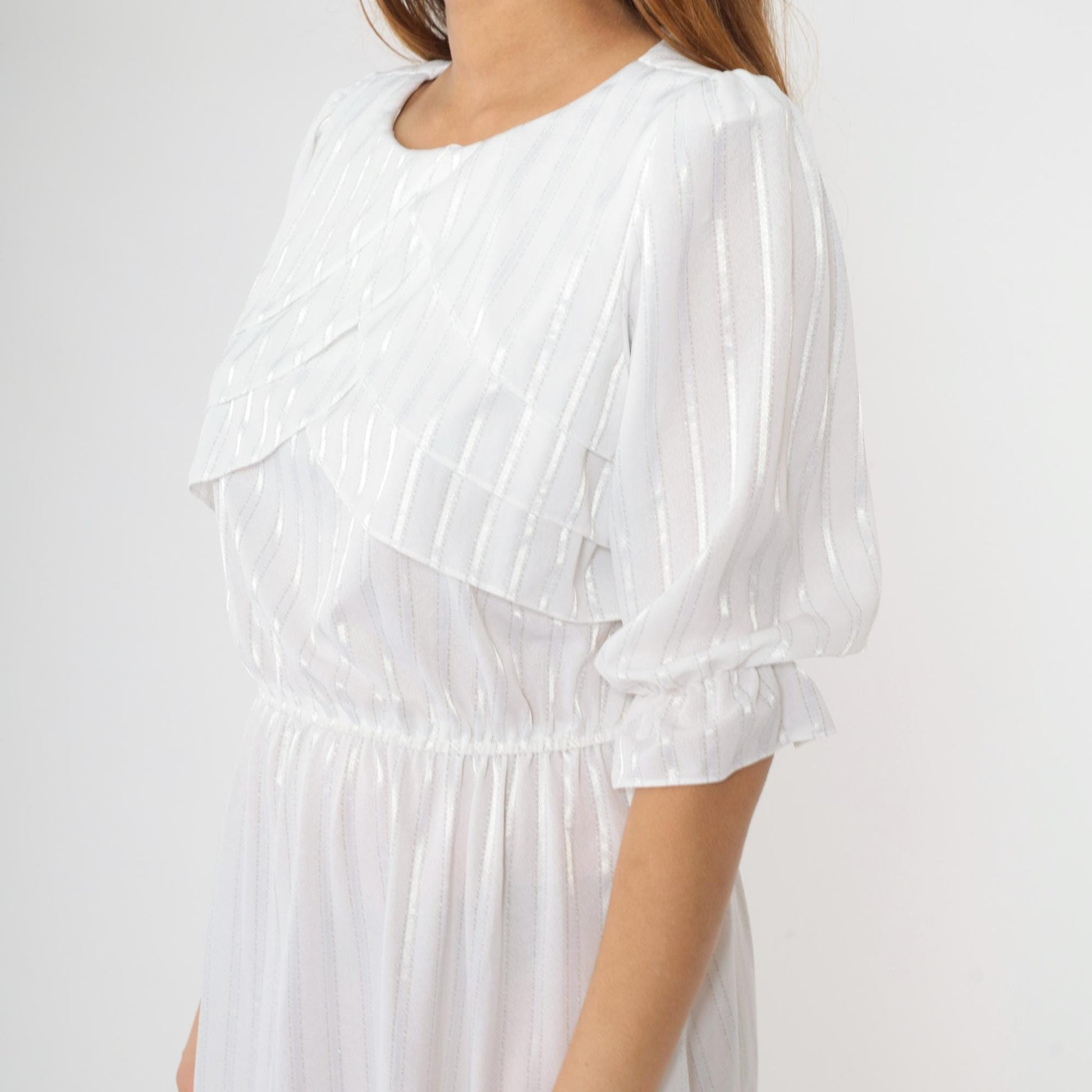 80s White Striped Midi Dress Puff Sleeve High Waist Semi-Sheer Medium M