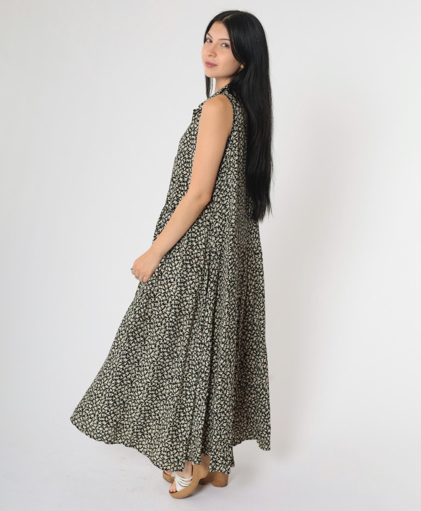 90s Black Floral Sleeveless Dress Button-Up Drop Waist Ankle Length Medium M