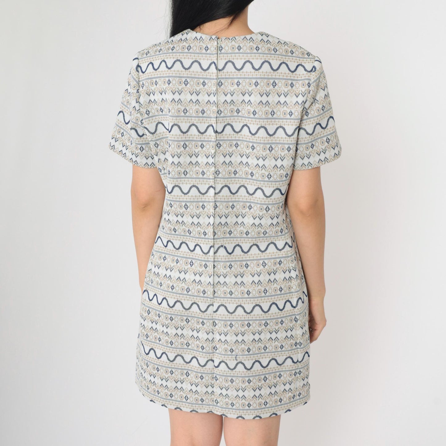 60s Geometric Shift Mini Dress Grey Navy Tan Short Sleeve Medium