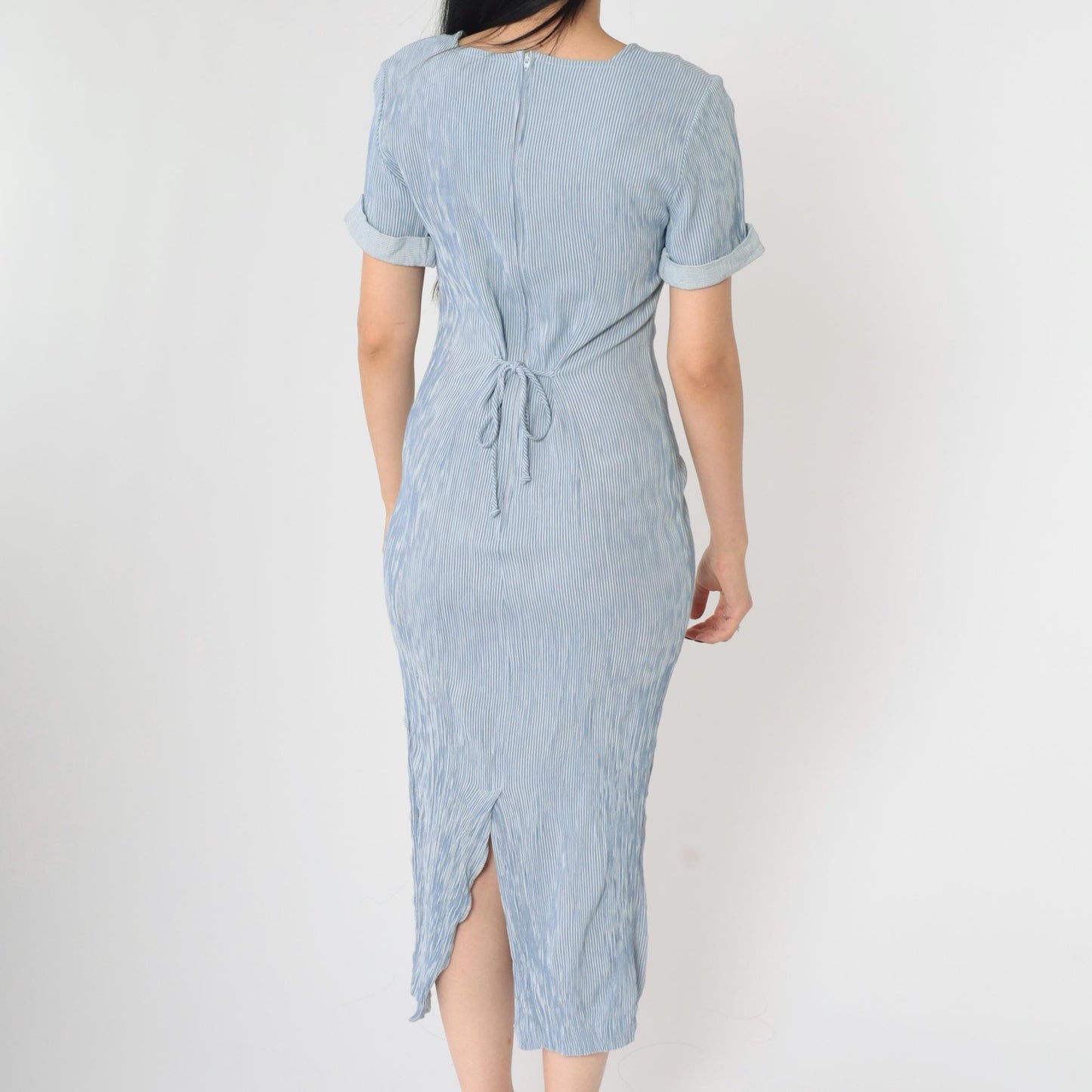 90s Blue White Striped Midi Sheath Dress Cuffed Sleeves Small S