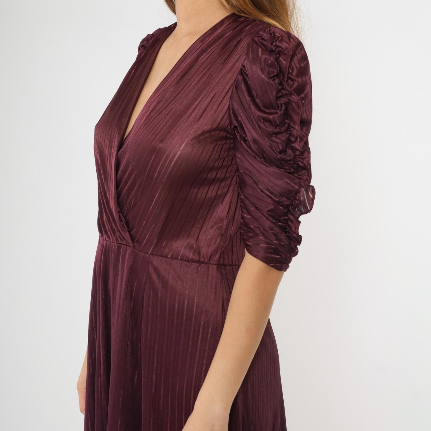 80s Plum Midi Dress Puff Sleeve Faux Wrap V-Neck Sheer Striped Medium M