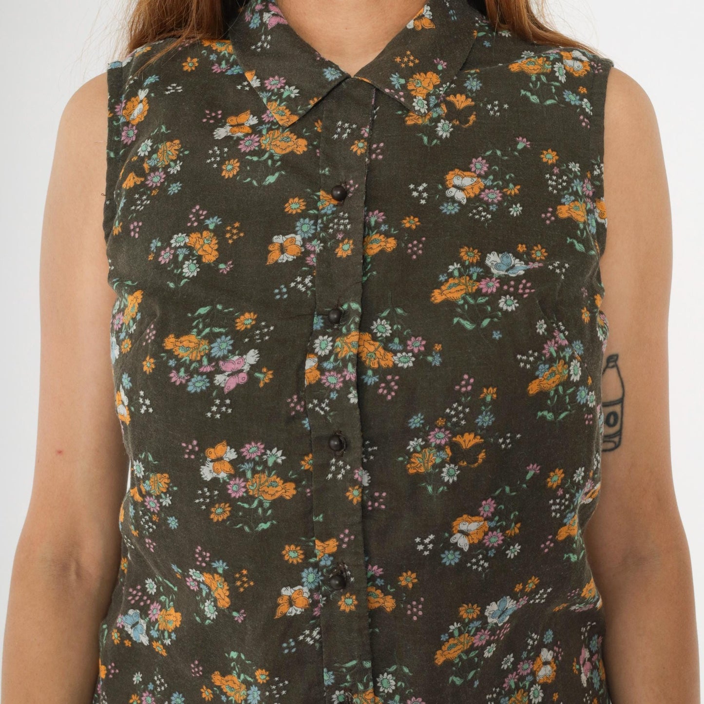 1960s Brown Floral Butterfly Shift Dress Sleeveless Button-Up Small