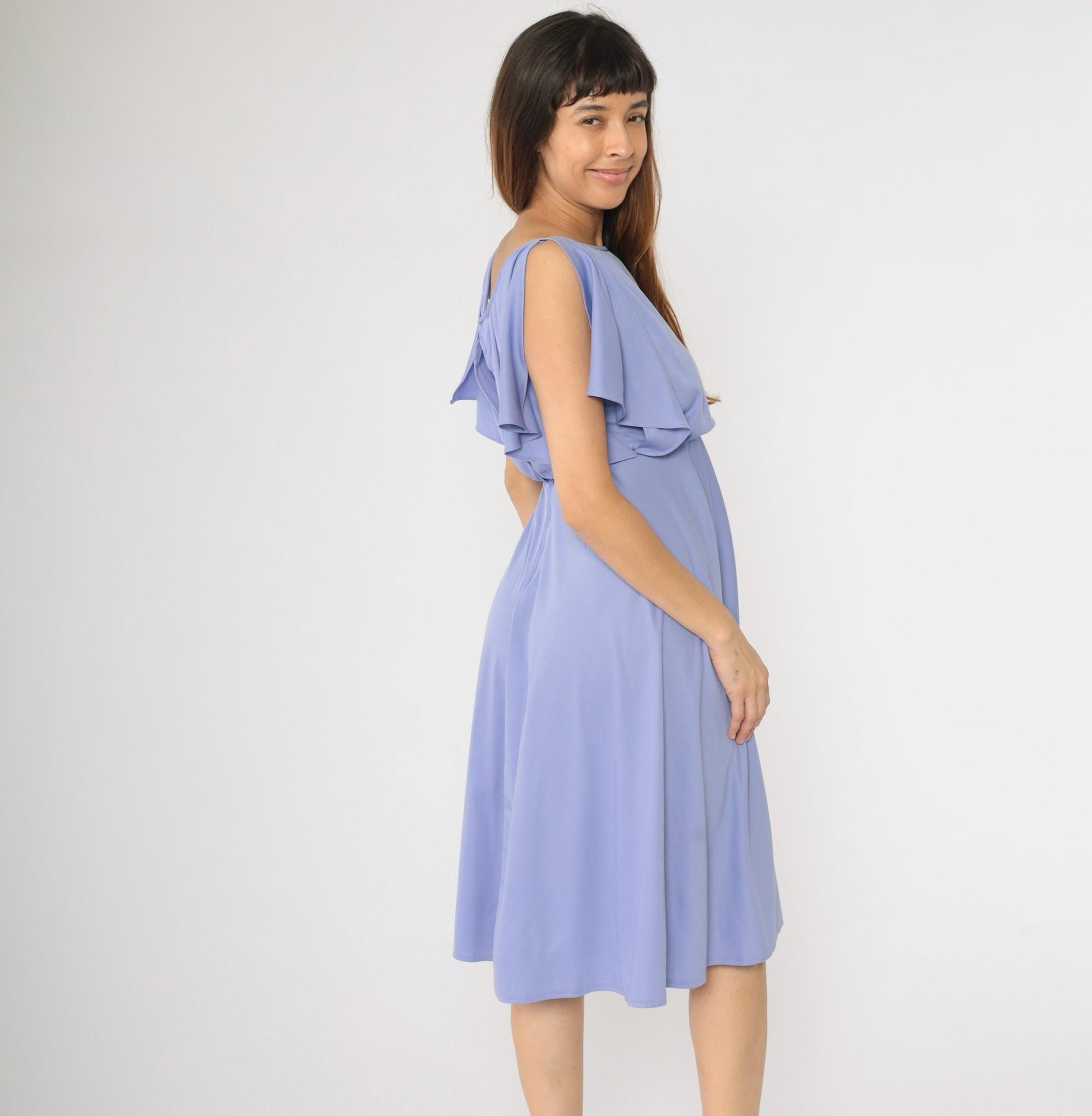70s Lavender Disco Midi Dress High Elastic Waist Flutter Sleeve Small