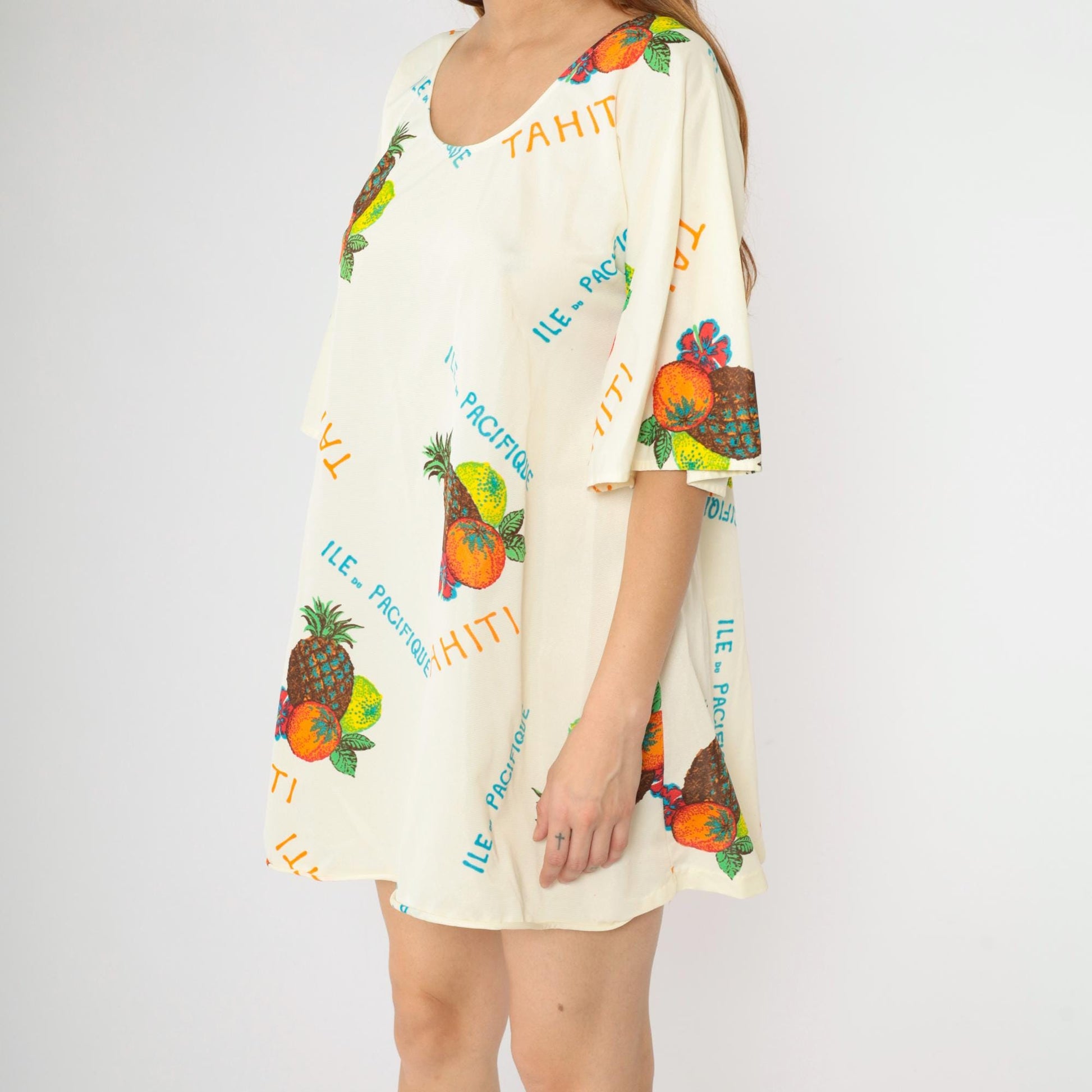 70s Zenith Loungewear Tropical Print Shift Dress Cream Bell Sleeve Medium M