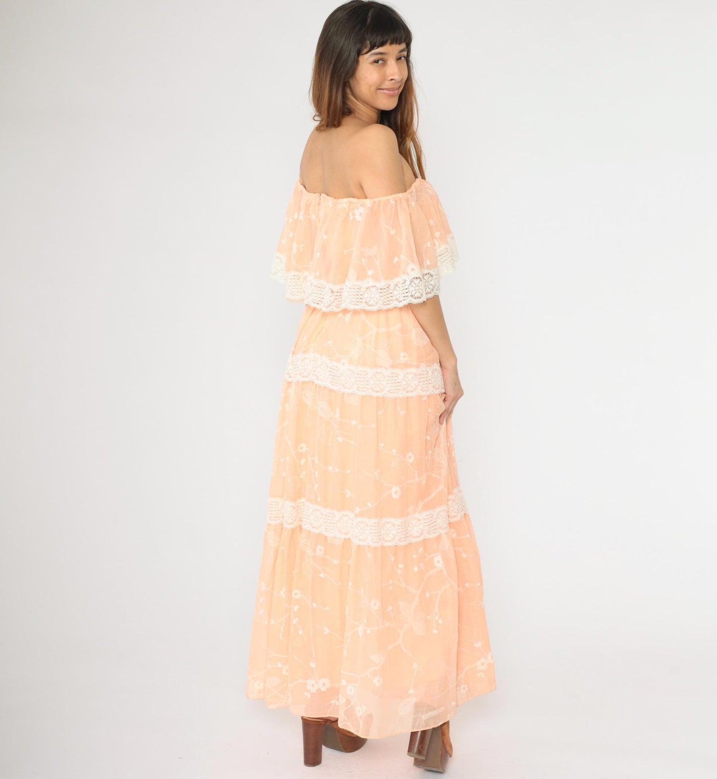 70s Peach Floral Off-Shoulder Maxi Dress Lace Tiered Peasant Small
