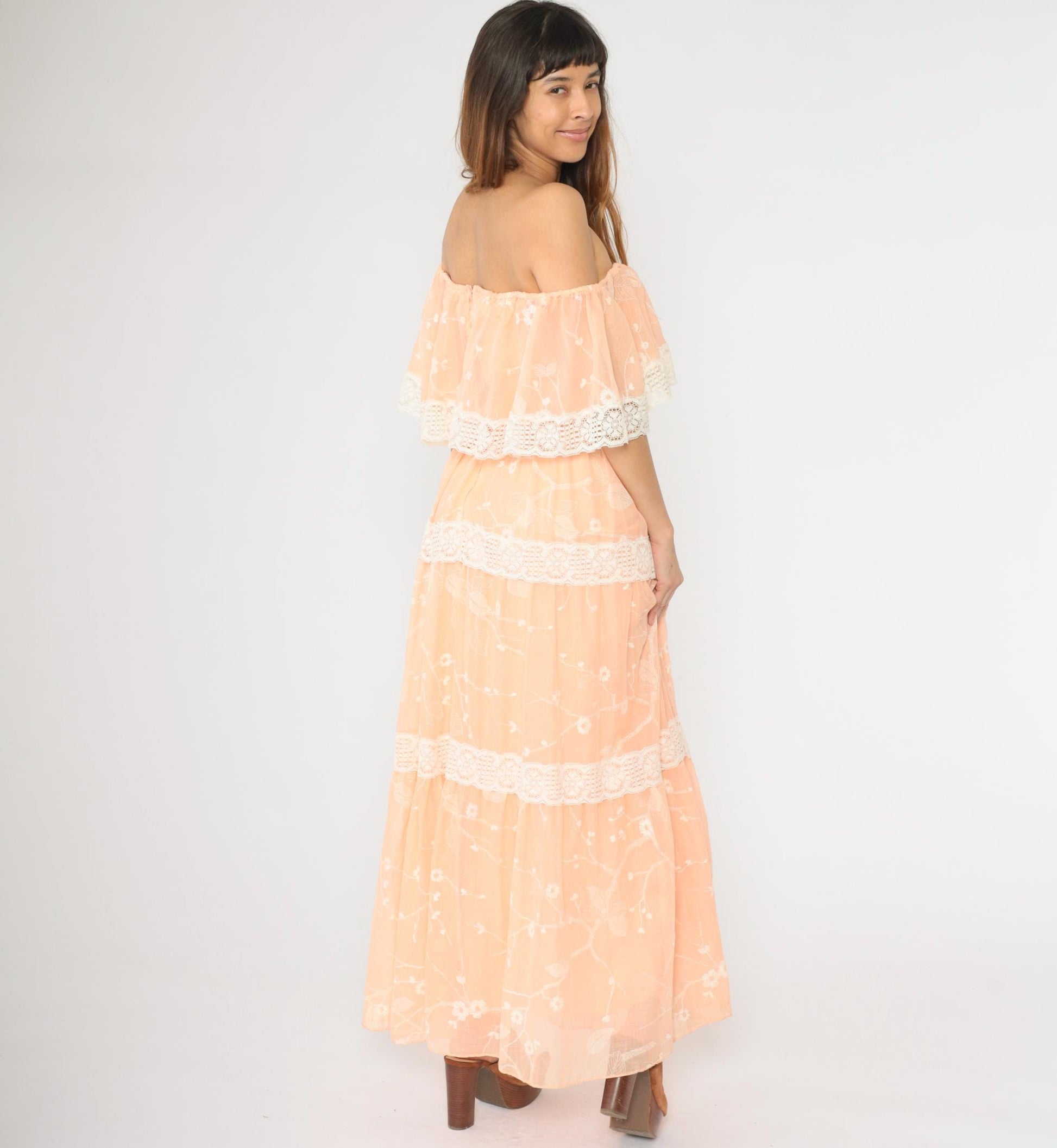 70s Peach Floral Off-Shoulder Maxi Dress Lace Tiered Peasant Small