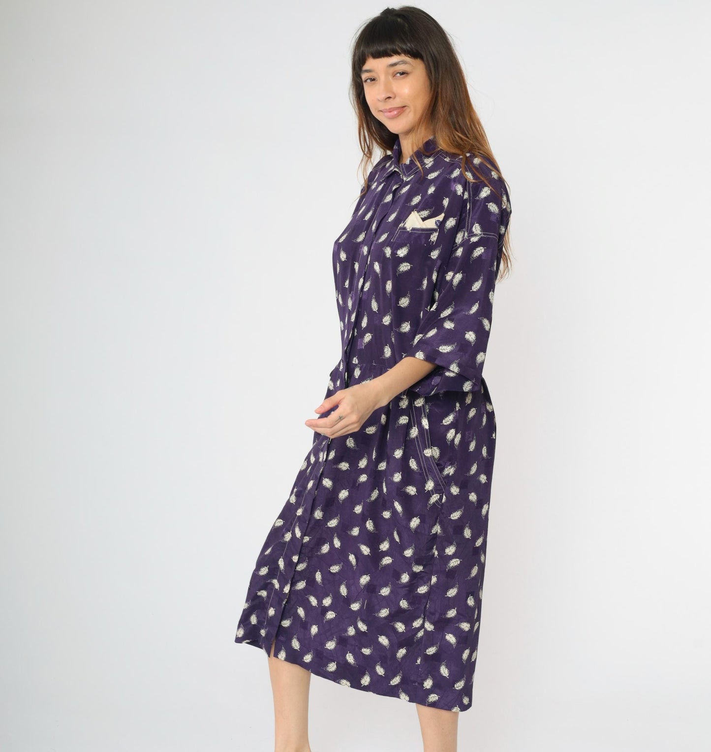 80s Leslie Fay Purple Leaf Embossed Grid Midi Shirtdress Large XL