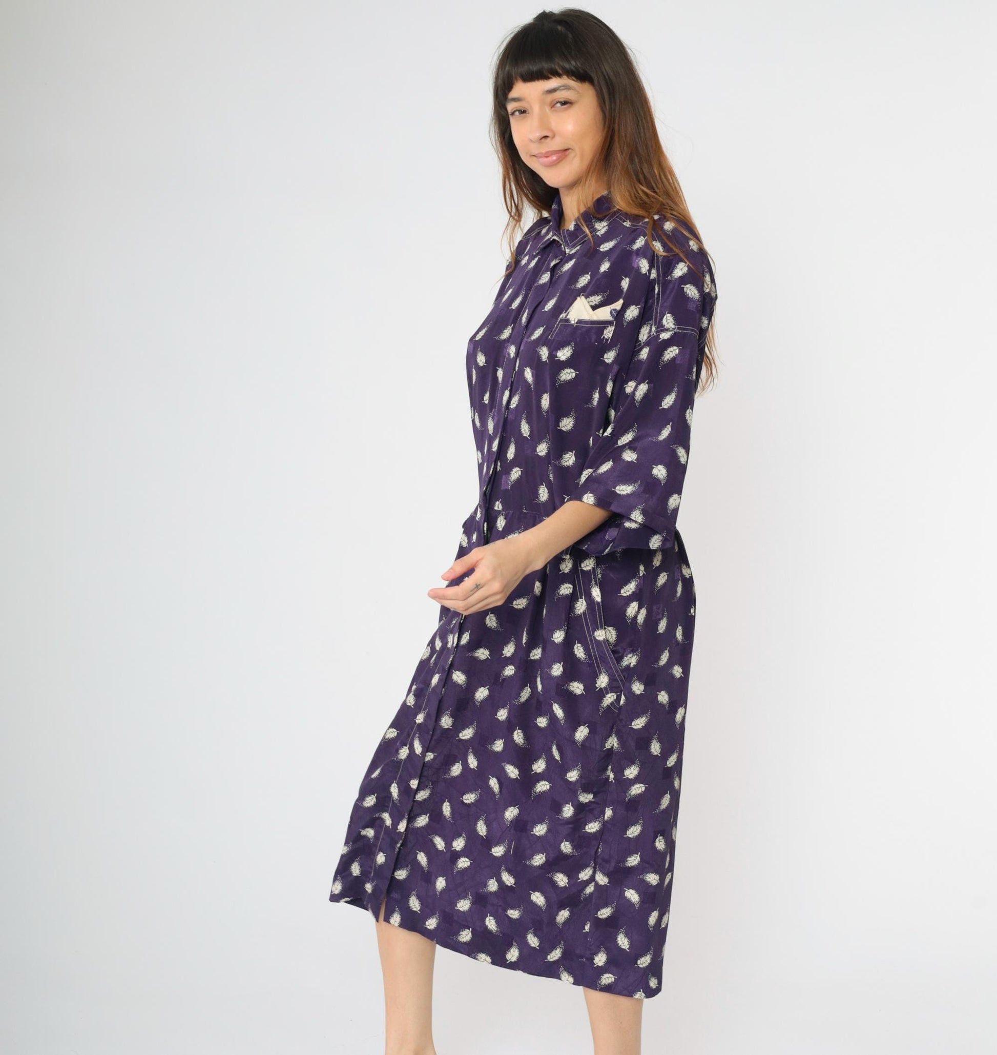 80s Leslie Fay Purple Leaf Embossed Grid Midi Shirtdress Large XL