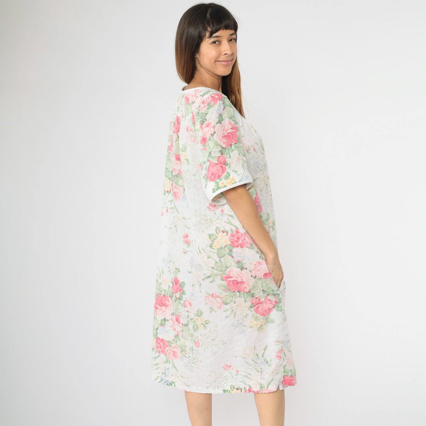 80s Floral Lounge Dress White Snap-Front Nightgown Pockets Extra Large