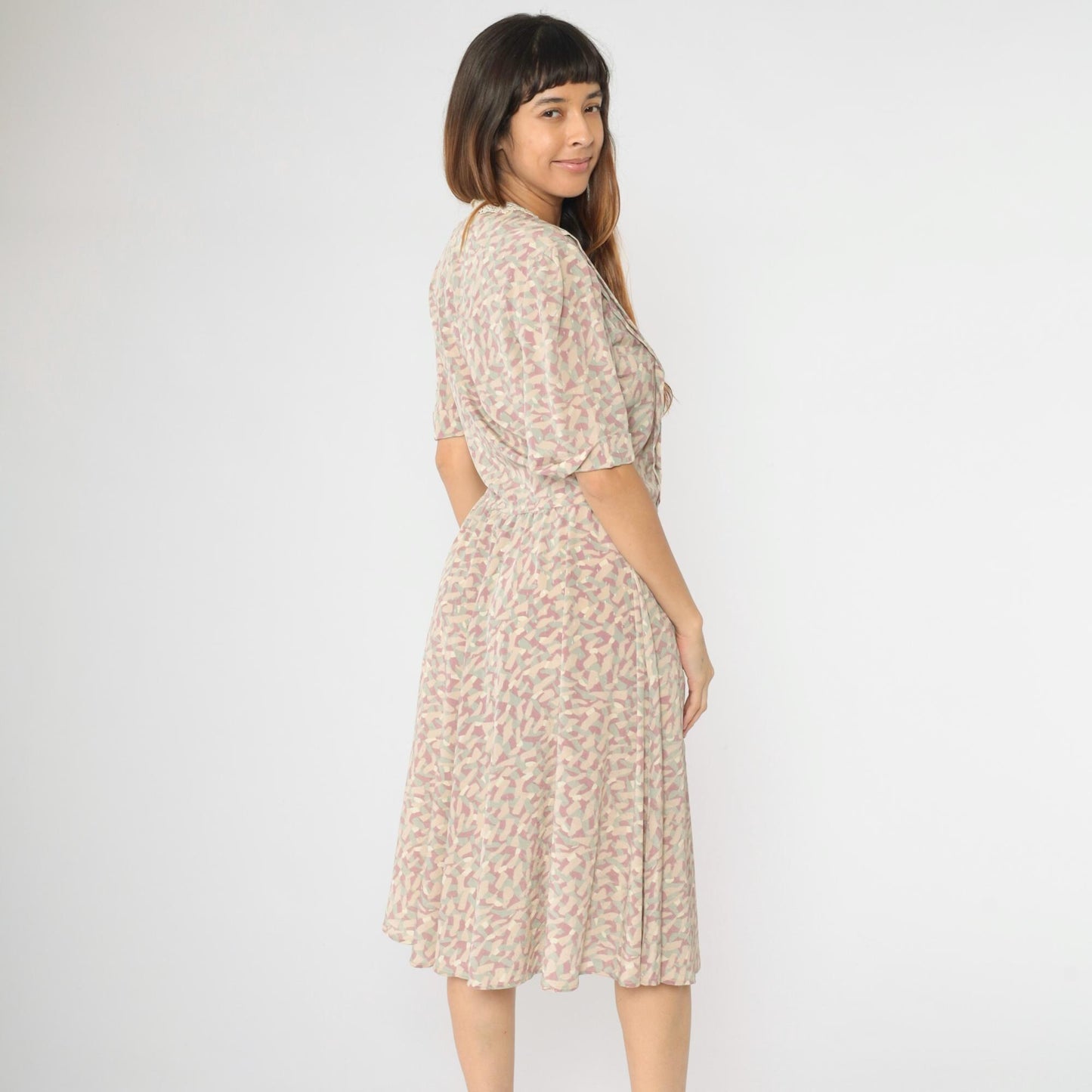 80s Jackie Taub Abstract Pastel Midi Dress Puff Sleeve Lace Collar Small