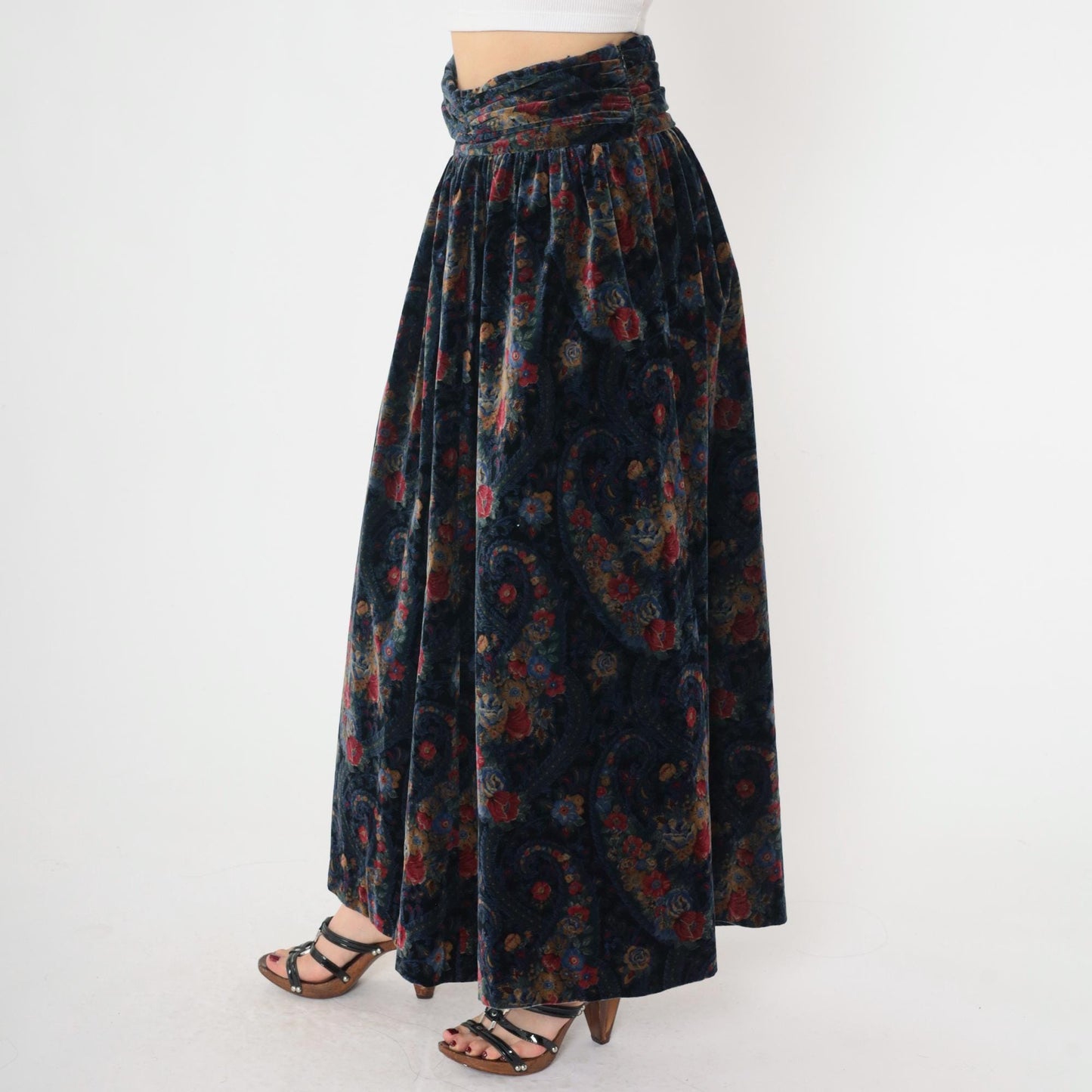 90s Floral Paisley Cotton Maxi Skirt Black Blue High Waist Small