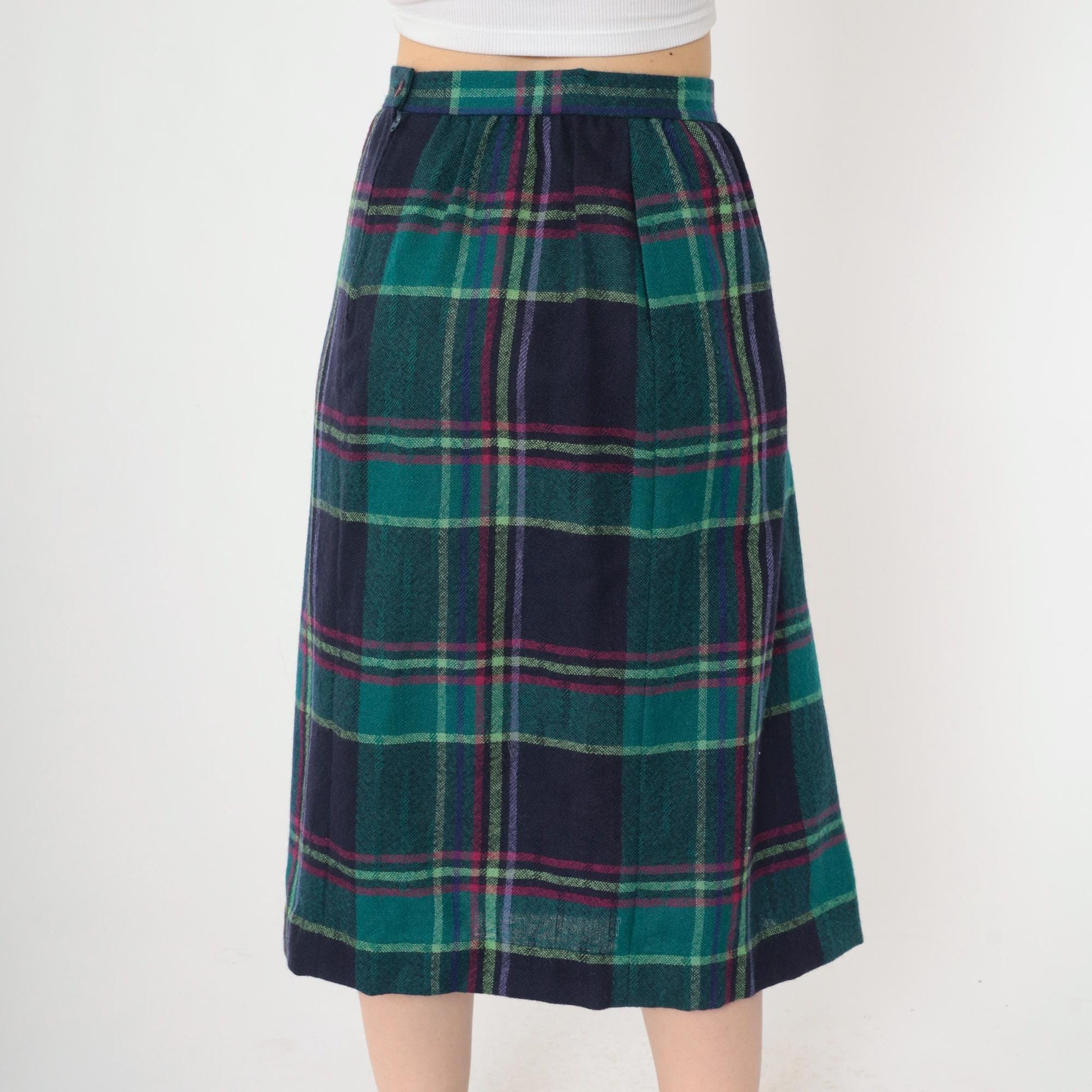 80s Jack Winter Pleated Plaid Wool Midi Skirt Teal Pink High Waist Small