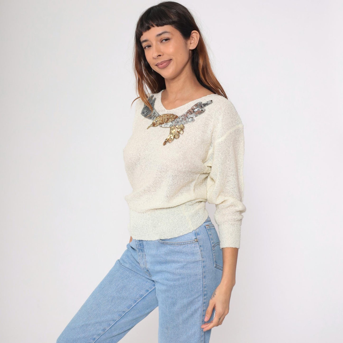 80s Sequin Bird Sweater Off-White V-Neck Beaded Metallic Pullover Small
