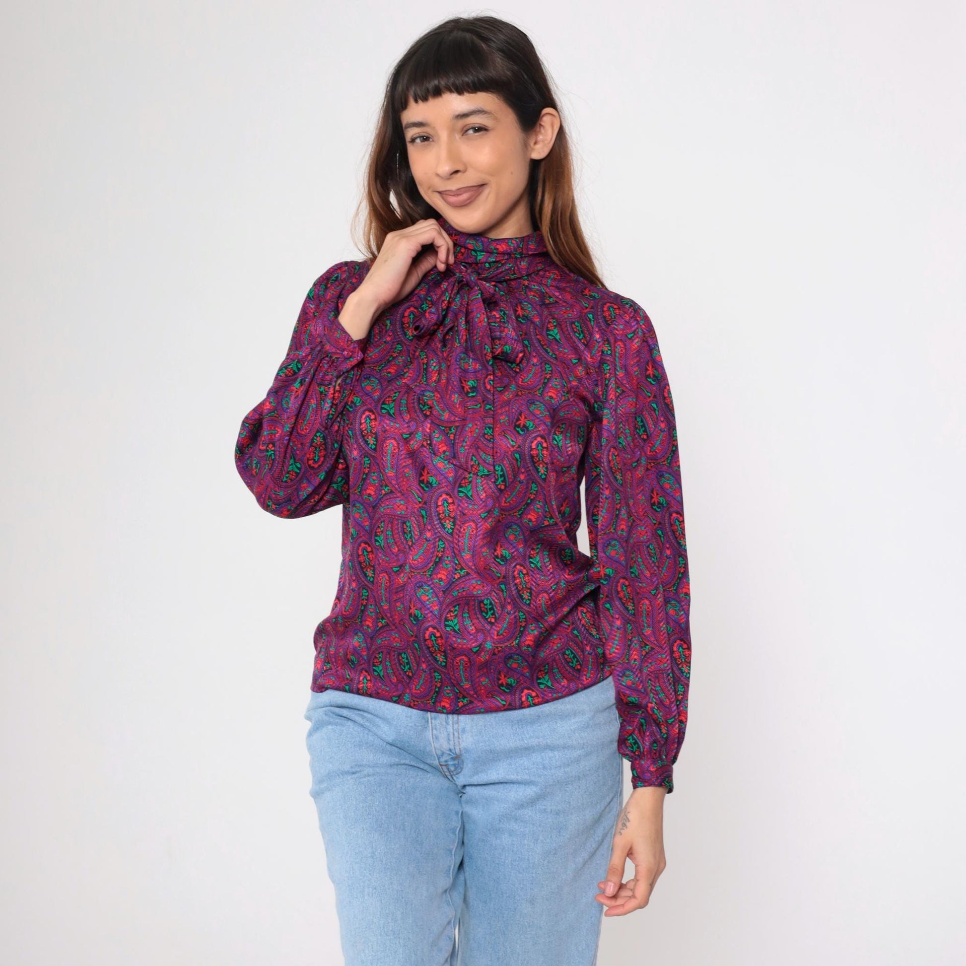 80s Paisley Necktie Blouse Red Purple Psychedelic Button-Up Long Sleeve Small