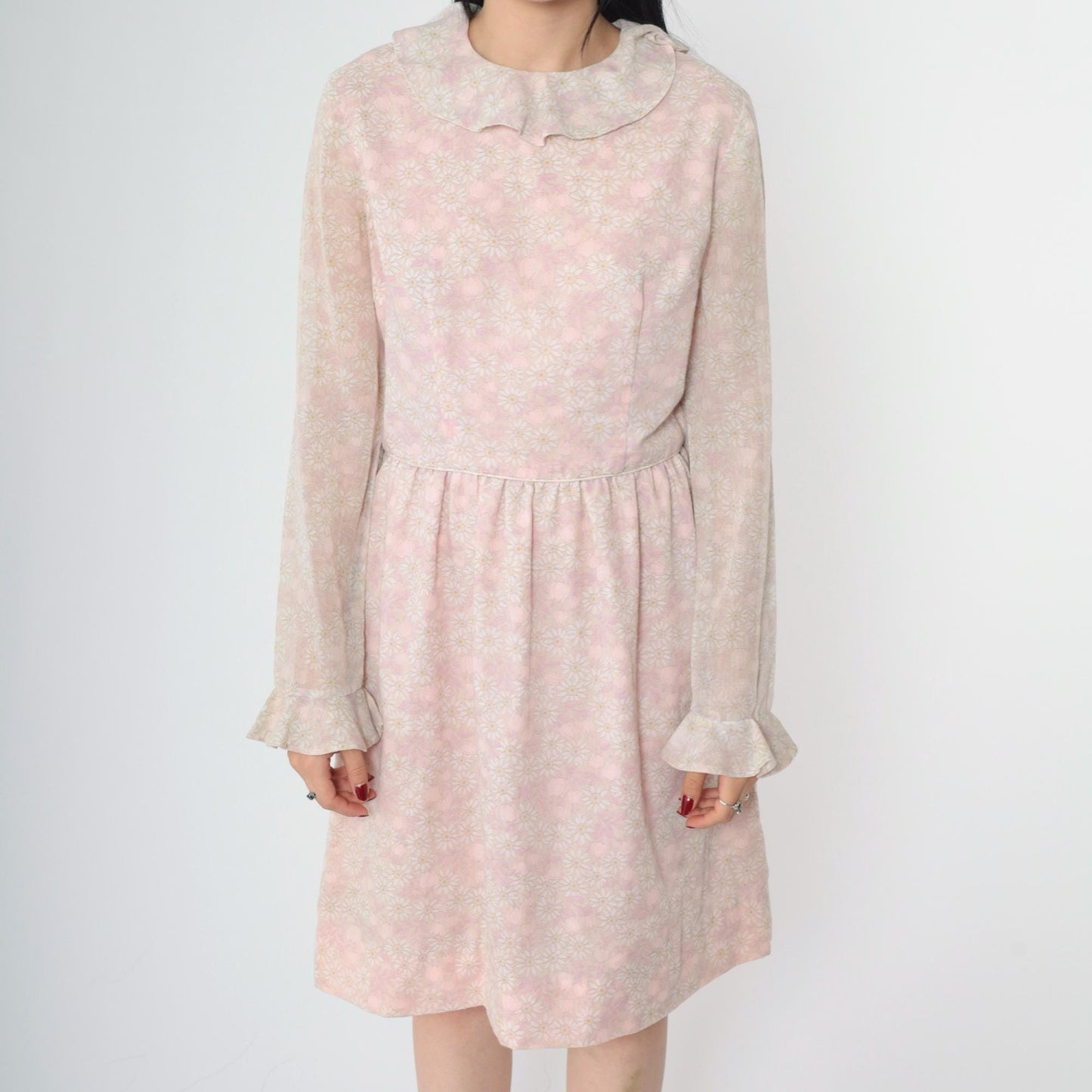 1960s Pink Floral Dress Sheer Bell Sleeve Ruffle Collar Knee Length Medium