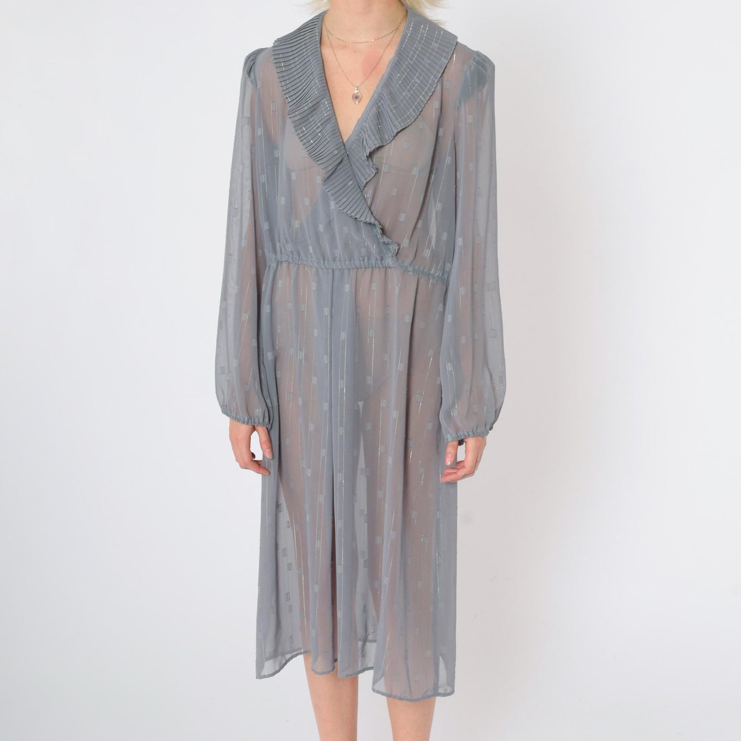 80s Donna Morgan Sheer Grid Midi Dress Grey Metallic Puff Sleeve Deep V Large
