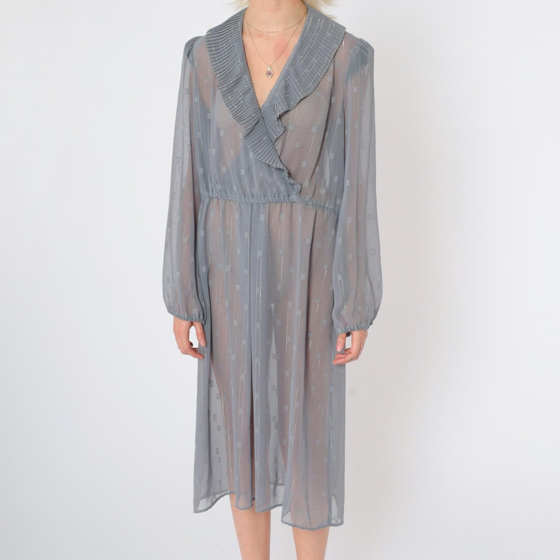 80s Donna Morgan Sheer Grid Midi Dress Grey Metallic Puff Sleeve Deep V Large