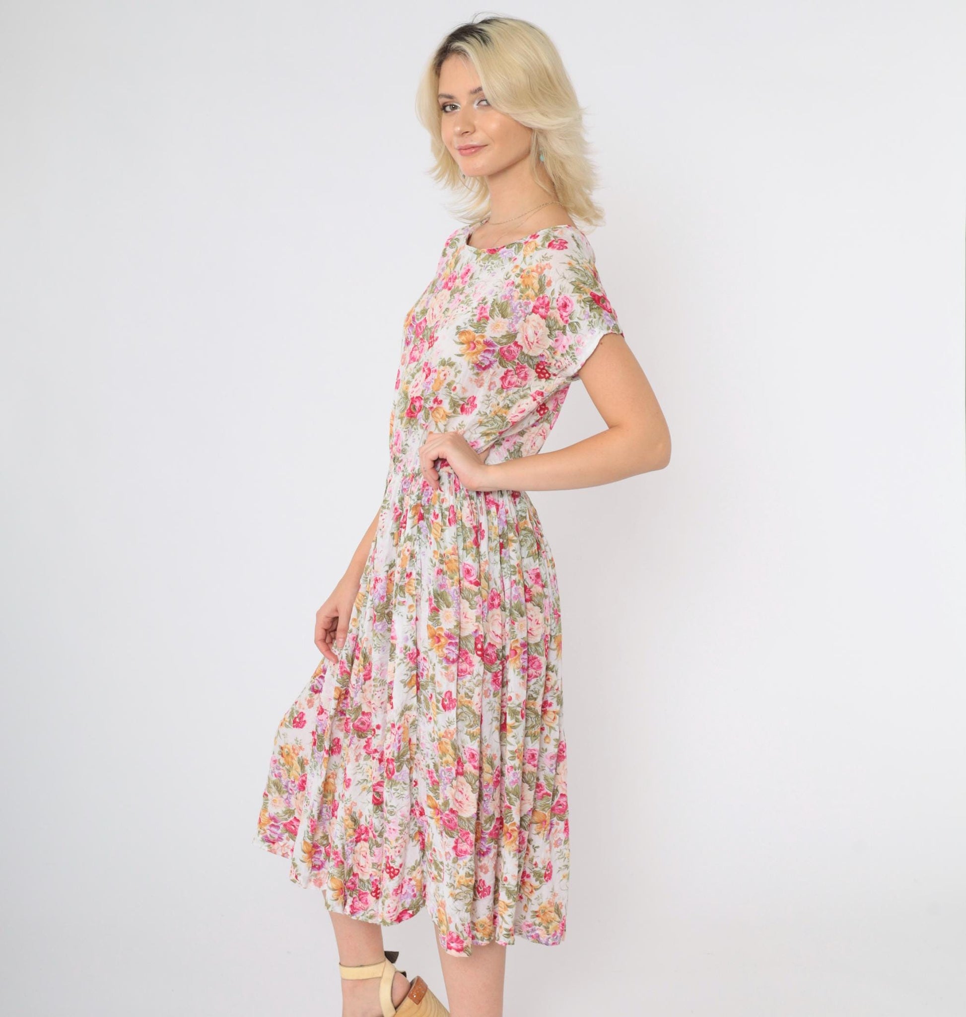 90s Bila Floral Midi Dress White Pink Yellow Green High Waist Medium M