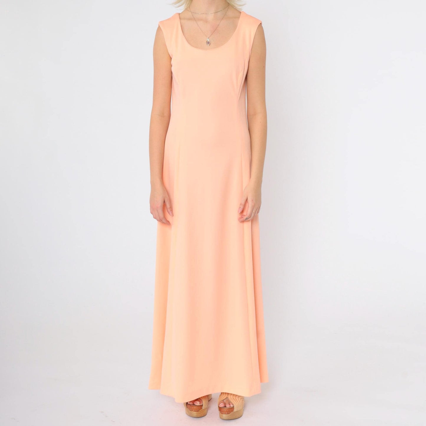 70s Peach Maxi Dress Sleeveless Princess Seam A-Line Disco Gown Small