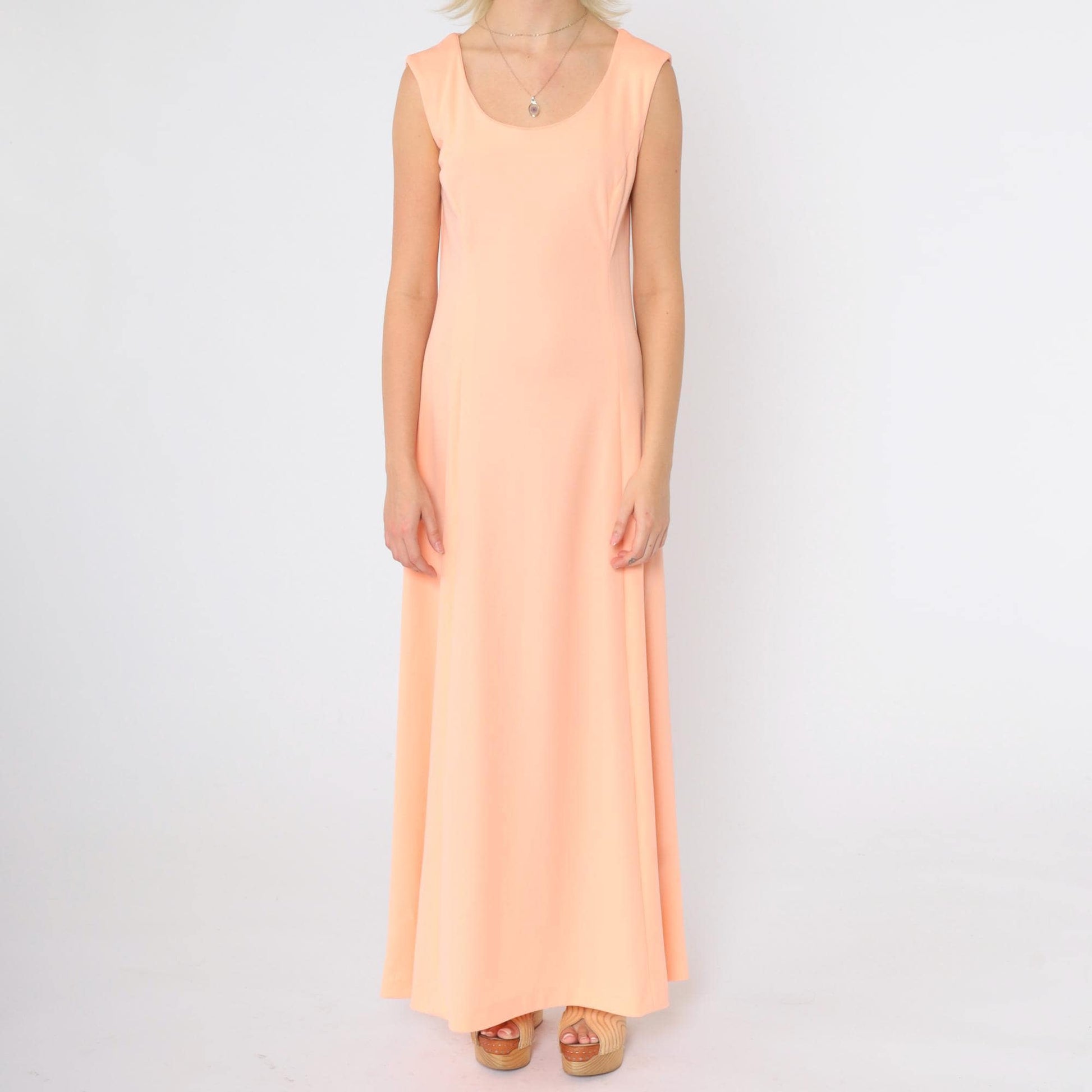 70s Peach Maxi Dress Sleeveless Princess Seam A-Line Disco Gown Small