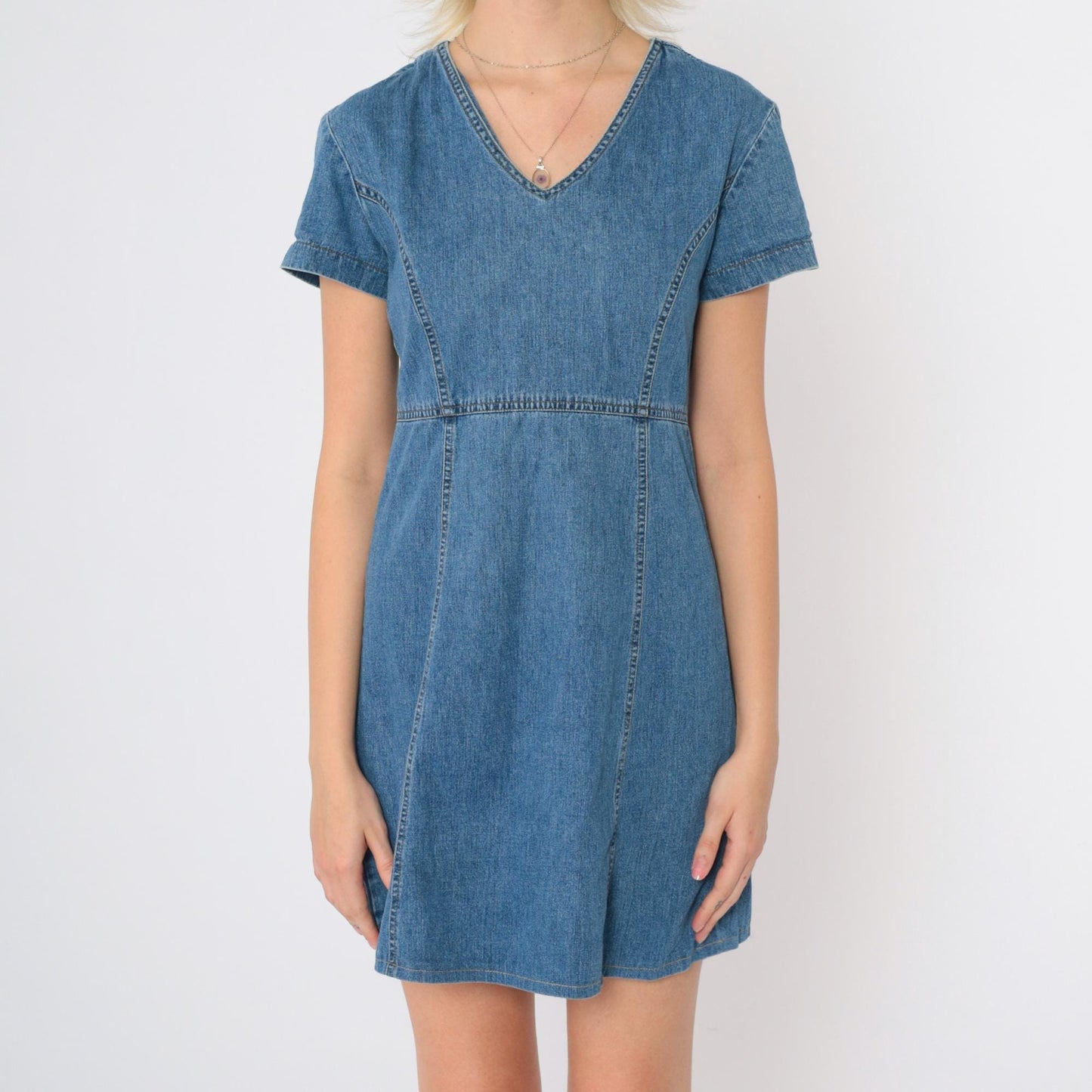 90s Laura Ashley Blue Denim Mini Dress Empire Waist V Neck Small 6