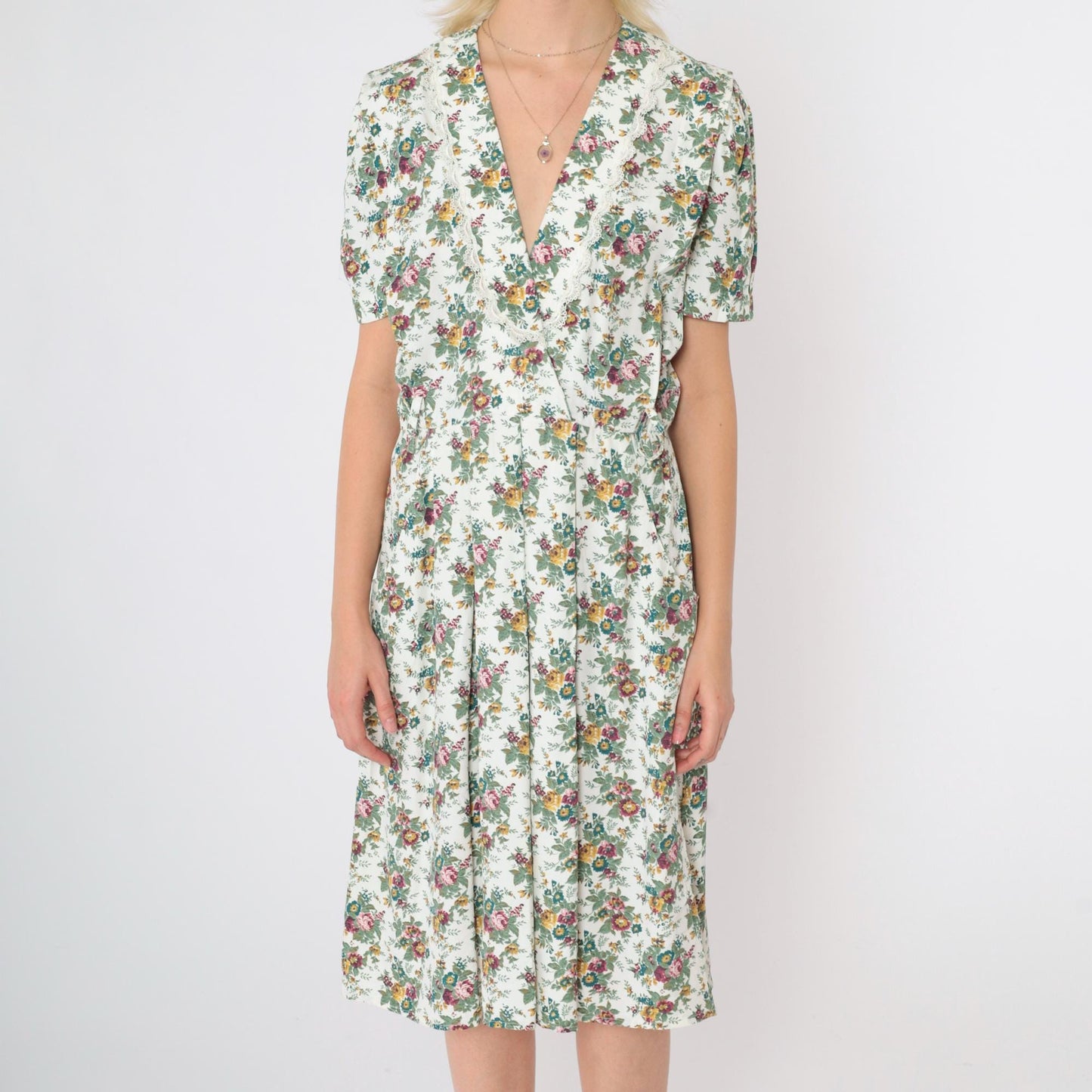 80s S.L. Petites Floral Midi Dress Deep V Puff Sleeve White Multicolor Small