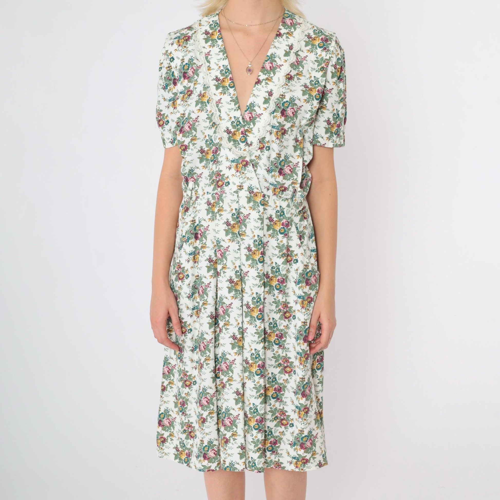 80s S.L. Petites Floral Midi Dress Deep V Puff Sleeve White Multicolor Small