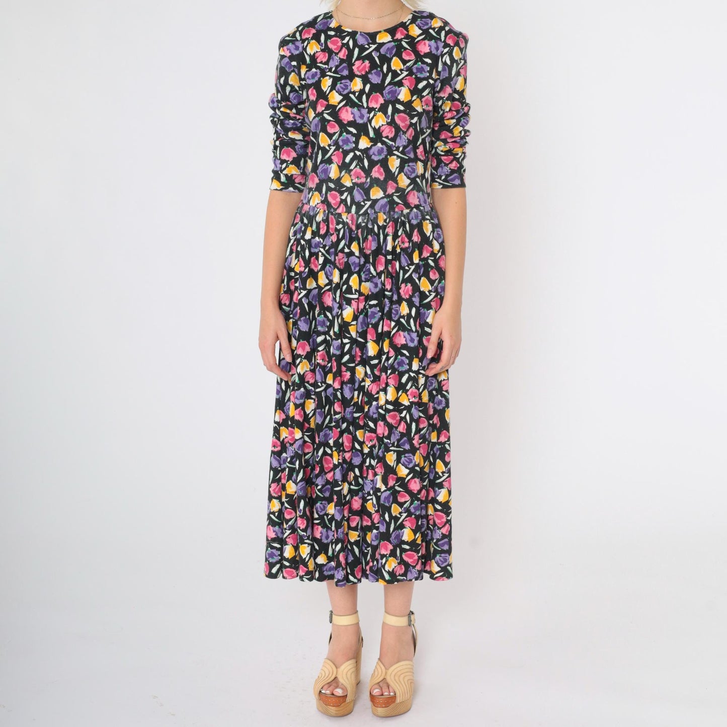 80s Black Floral Drop Waist Midi Dress Pink Yellow Purple 3/4 Sleeve Medium