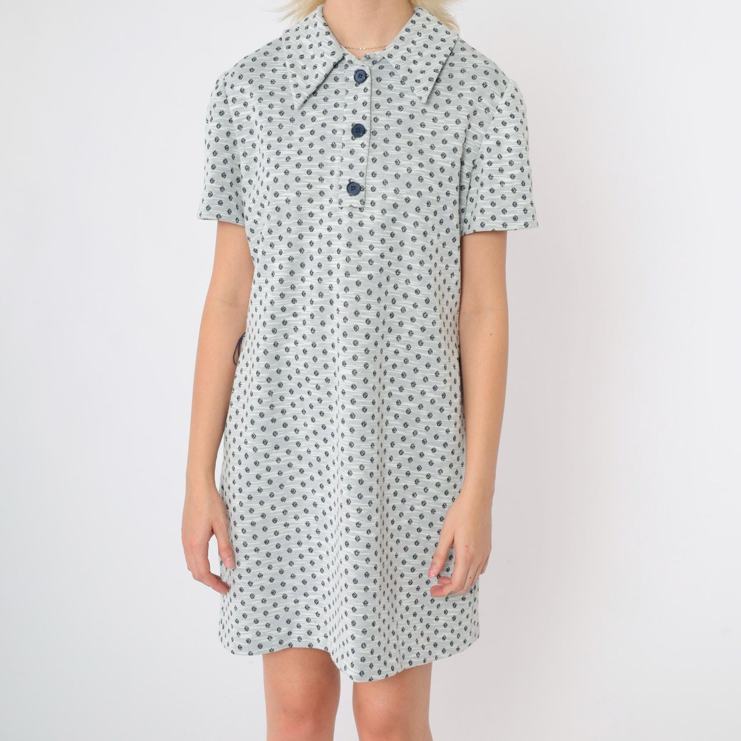60s Mod Shift Dress Mini Geometric Dot Print Grey Button-Up Medium M