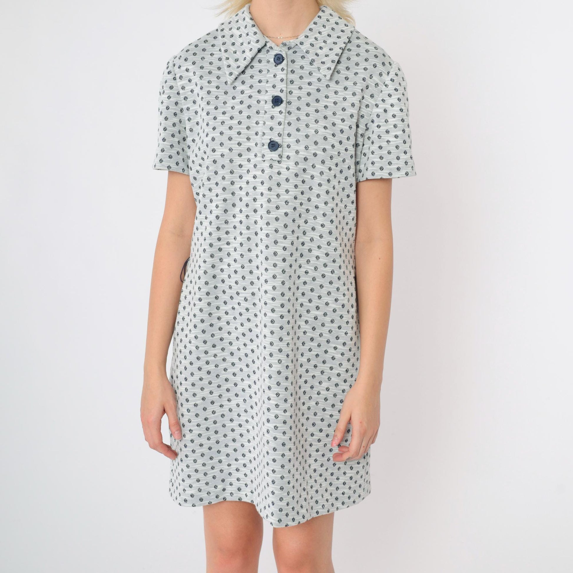 60s Mod Shift Dress Mini Geometric Dot Print Grey Button-Up Medium M