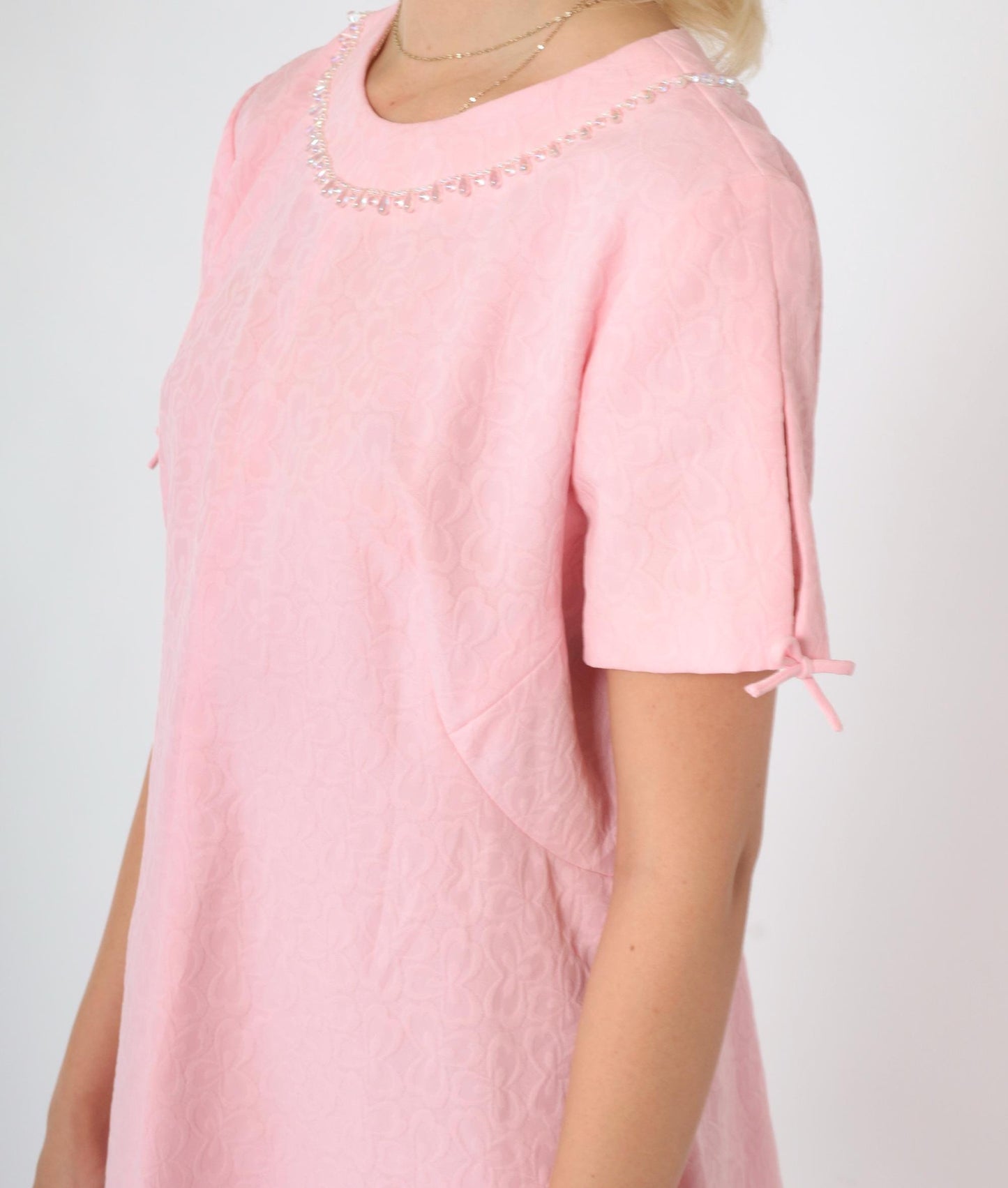 60s Pink Mod Shift Dress Iridescent Beaded Collar Floral Mini Medium Large