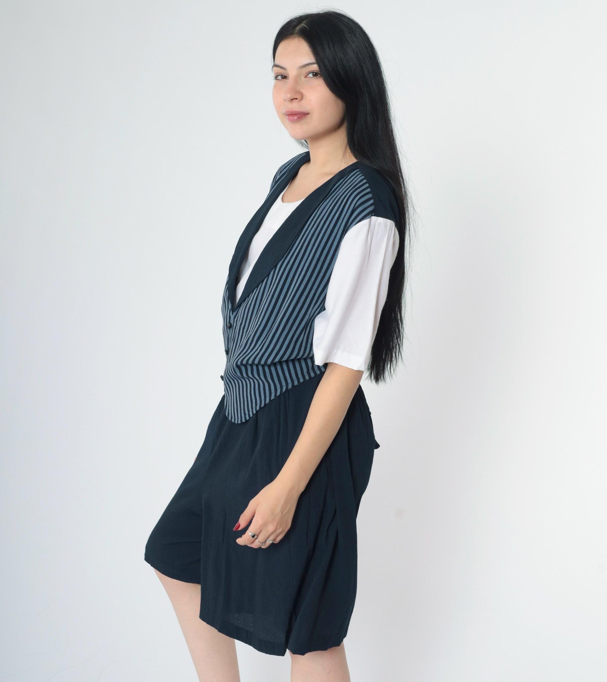 90s Navy Striped Vest Romper Wide Leg Shorts Button Up Large L