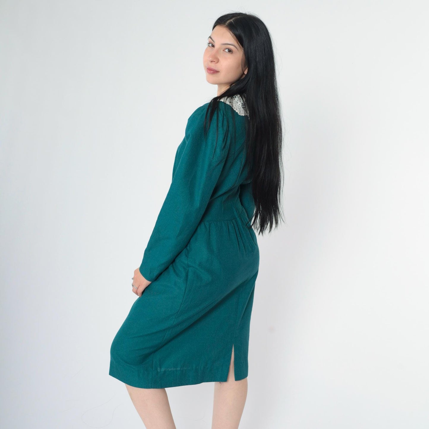 80s Teal Crochet Collar Puff Sleeve Midi Dress Pencil Skirt Small