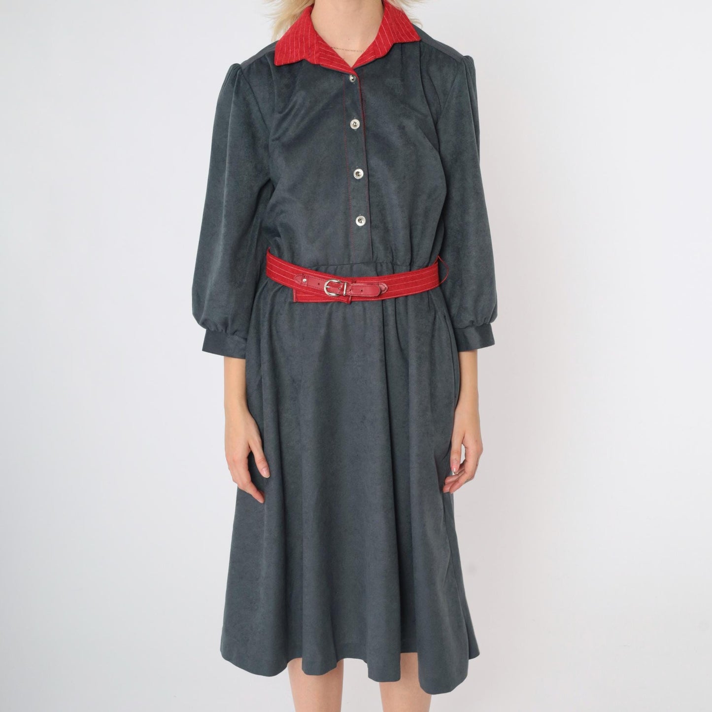 80s Velour Shirtdress Grey Red Contrast Puff Sleeve Midi Belted Medium