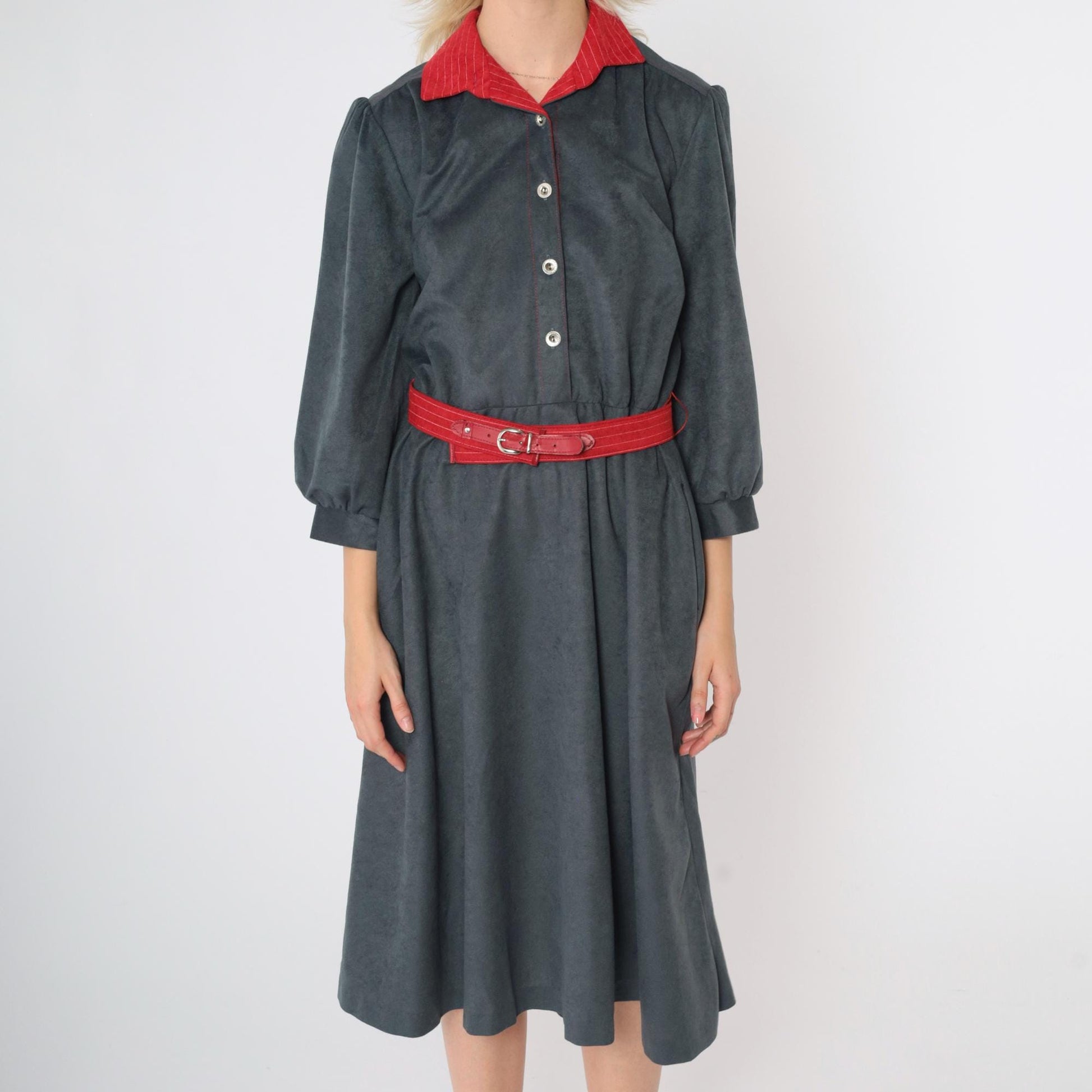 80s Velour Shirtdress Grey Red Contrast Puff Sleeve Midi Belted Medium