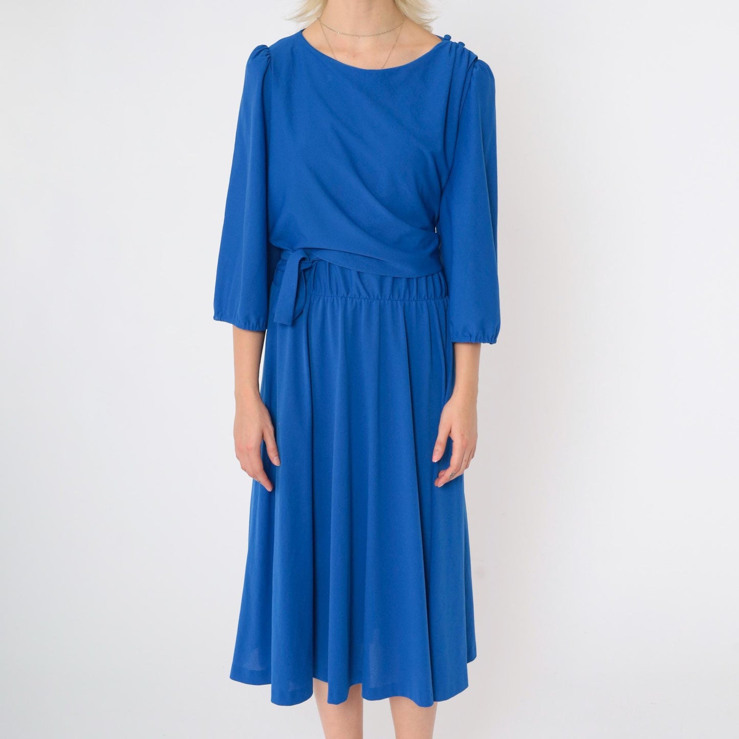 80s Royal Blue Midi Dress Puff Sleeve Wrap Panel Elastic Waist Large L