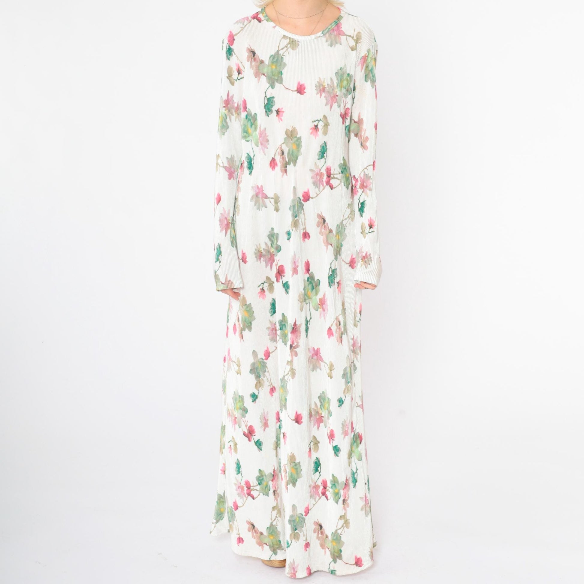 90s White Floral Maxi Dress High Elastic Waist Long Sleeve Ribbed Large L