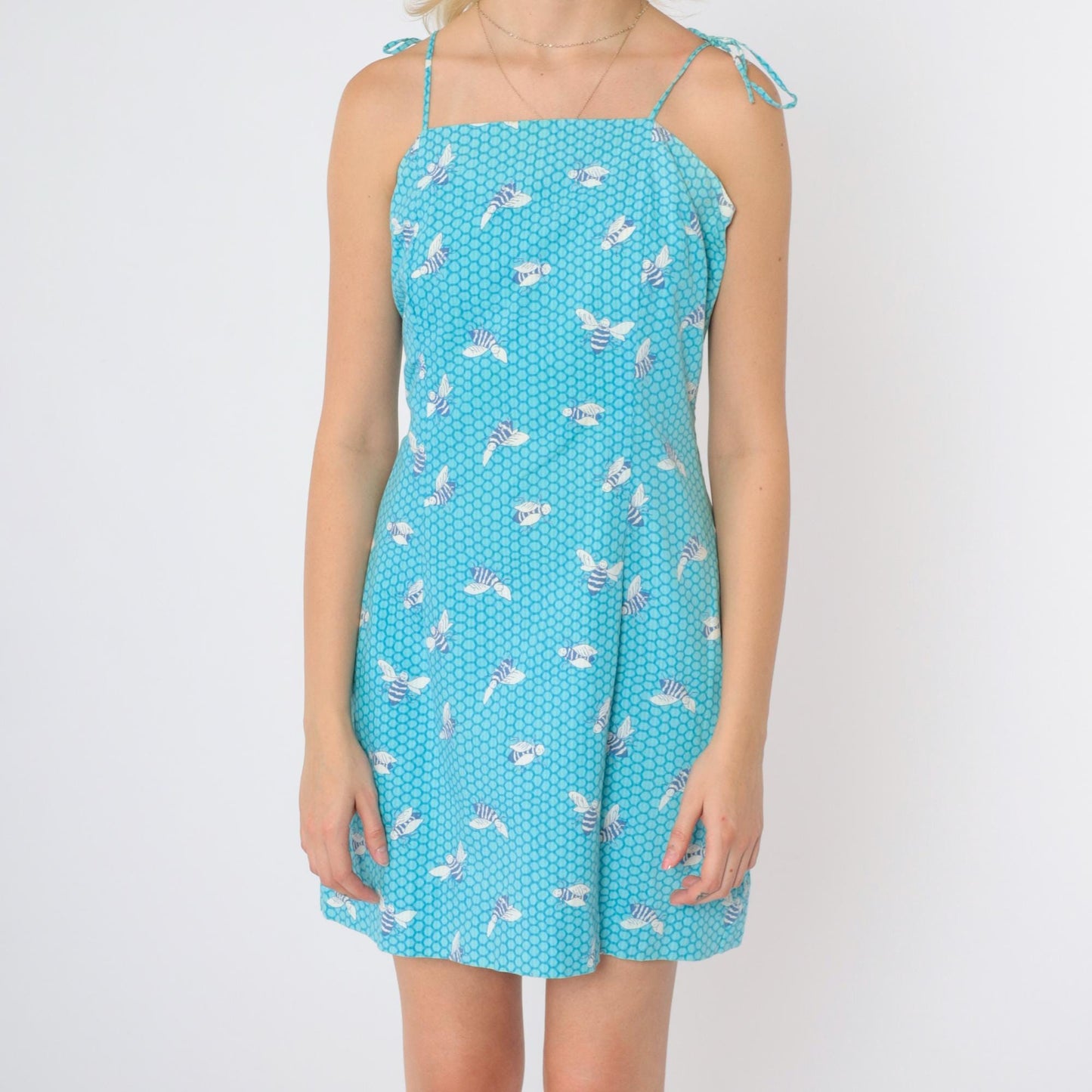 90s Lilly Pulitzer Blue Honeycomb Bee Print Mini Dress Tie Shoulder Small 8