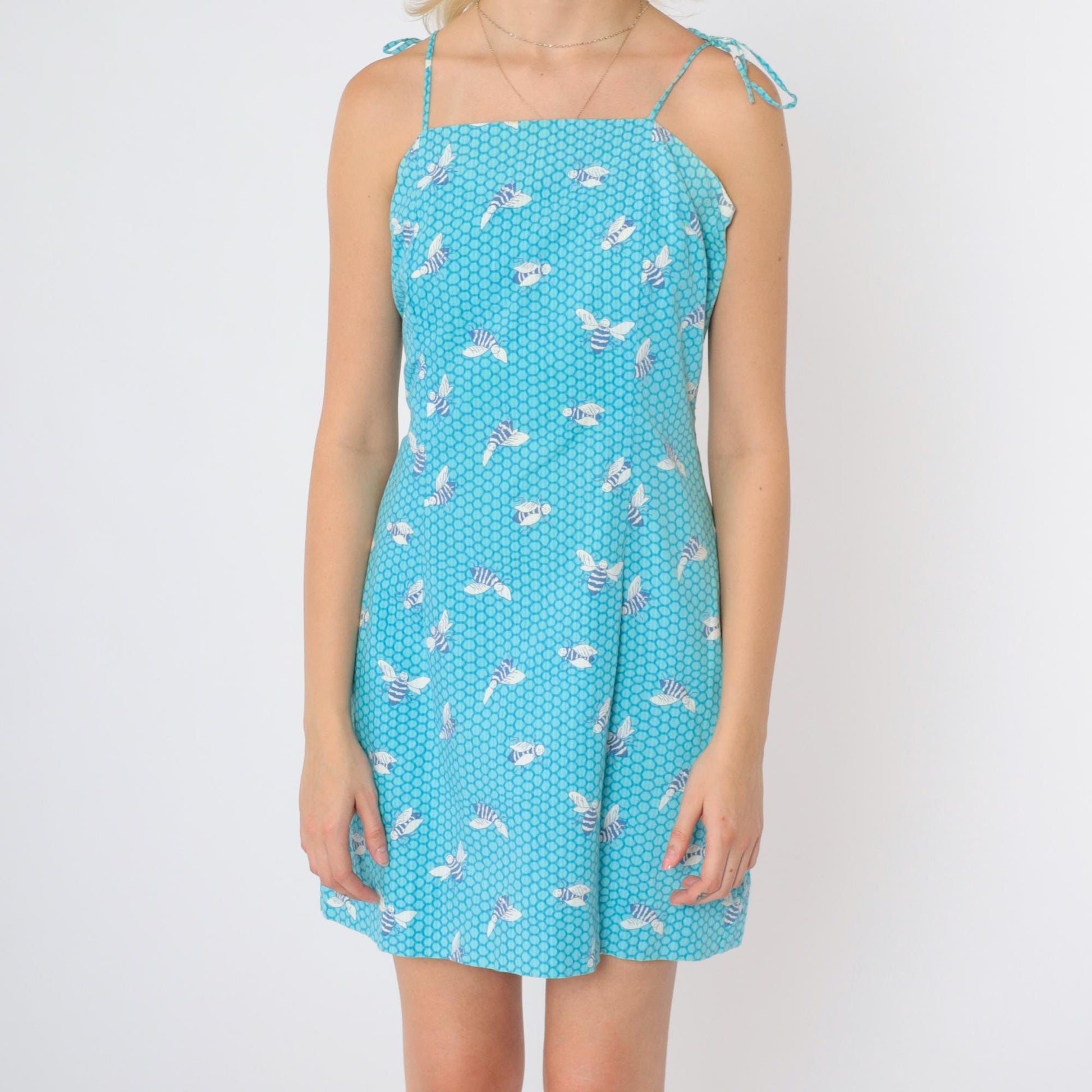 90s Lilly Pulitzer Blue Honeycomb Bee Print Mini Dress Tie Shoulder Small 8
