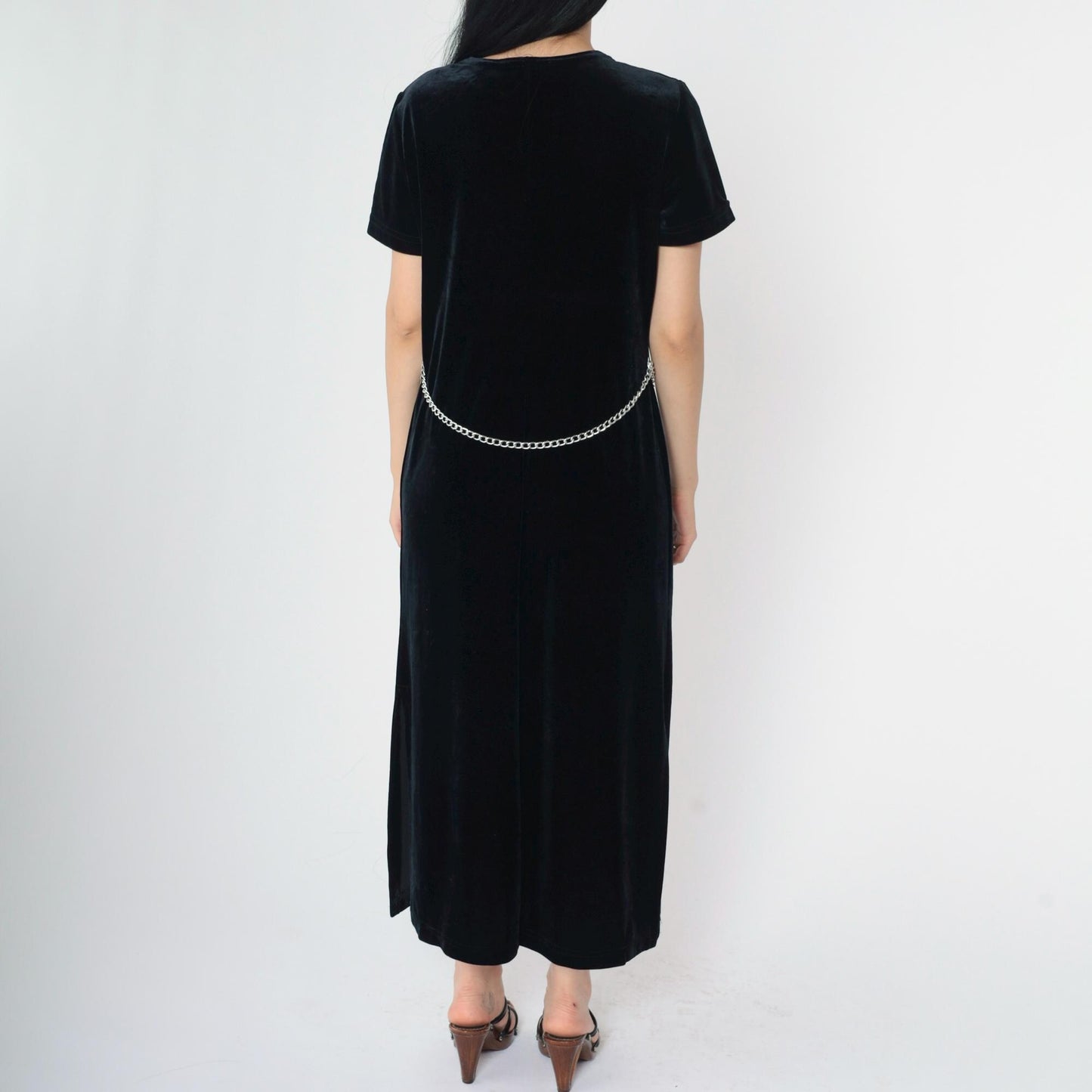 90s Ronni Nicole Black Velvet Midi Dress Chain Belt Side Slit Medium Petite