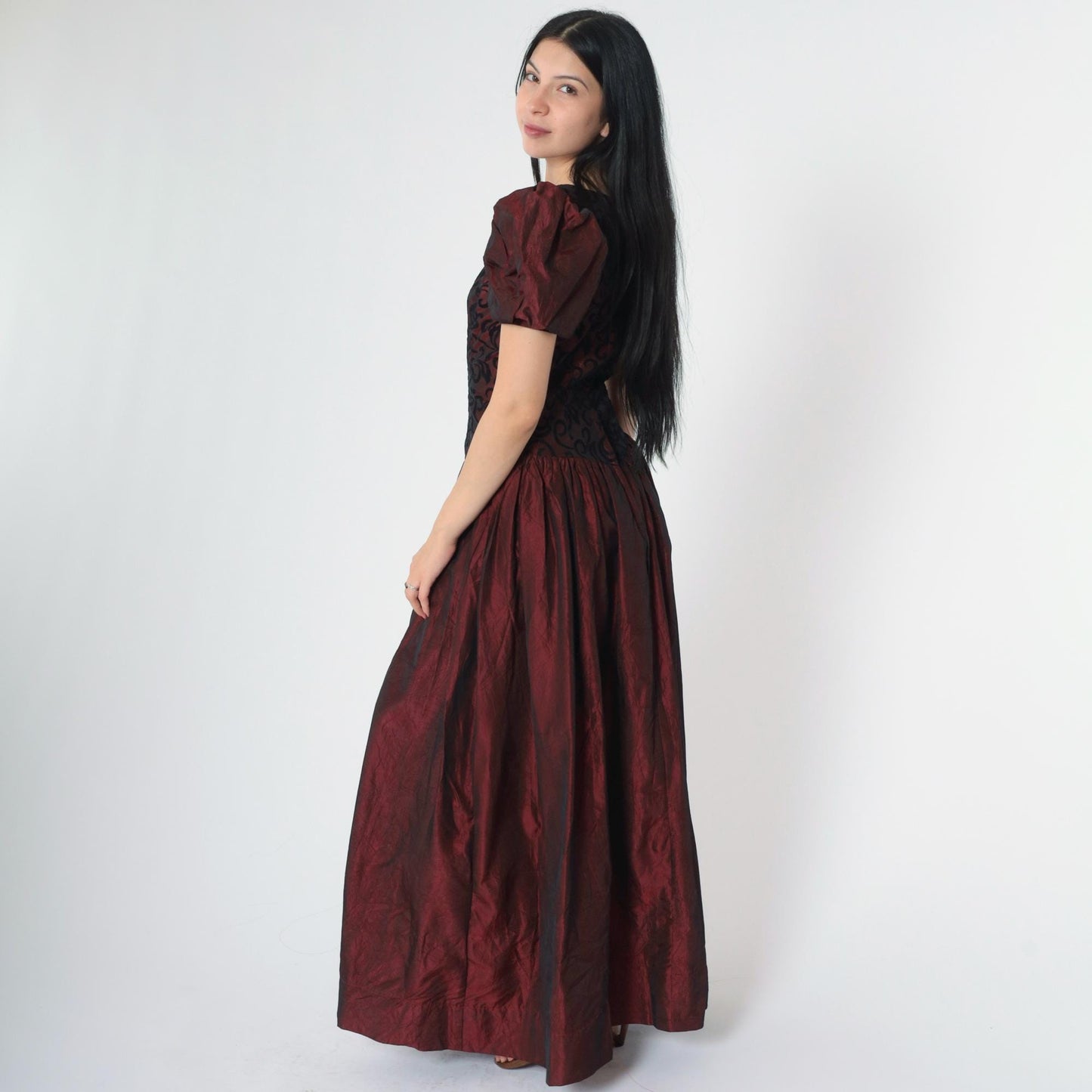 80s Burgundy Taffeta Prom Dress Puff Sleeve Basque Waist Maxi Small