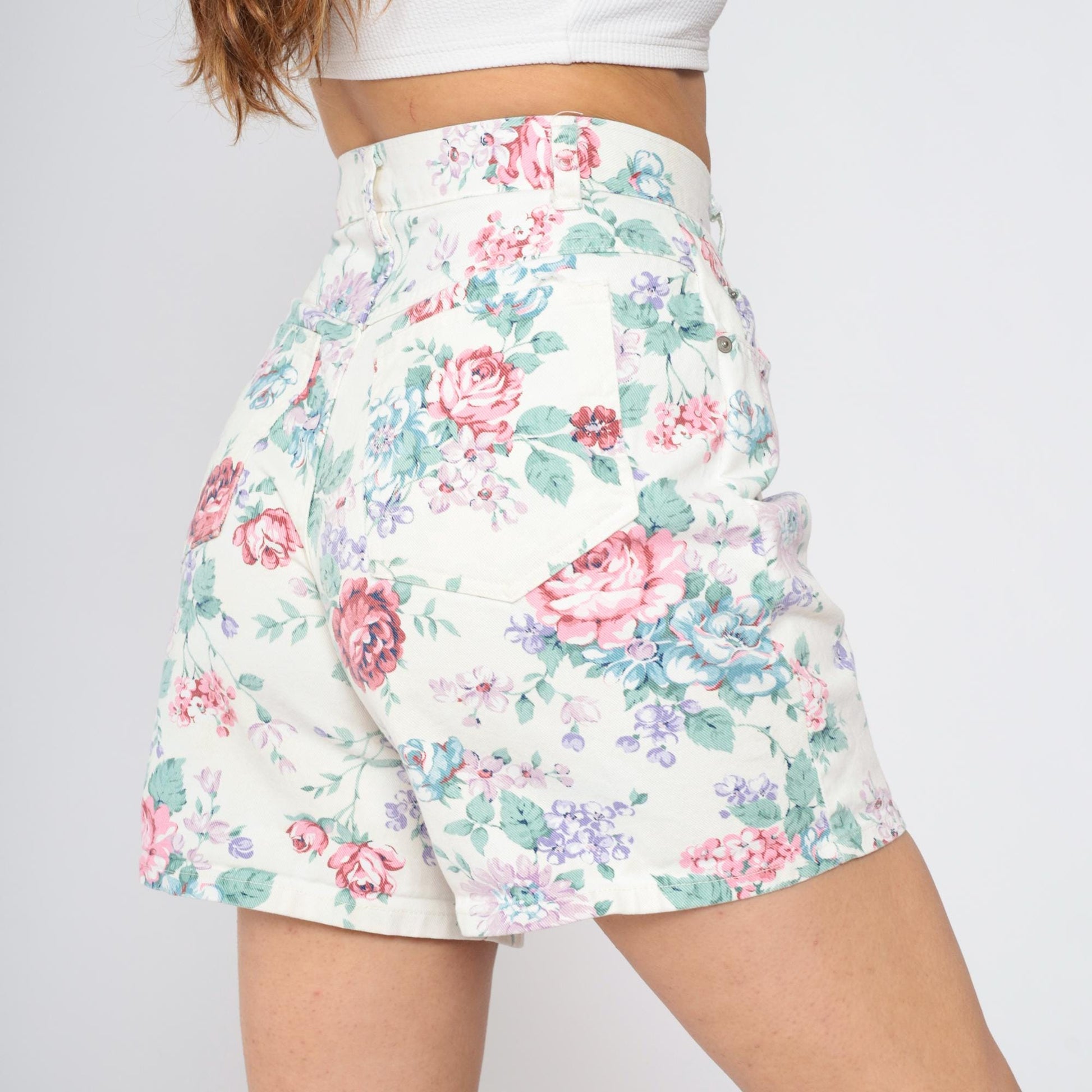 90s Floral Denim Shorts White High Waist Pink Purple Rose Print Small