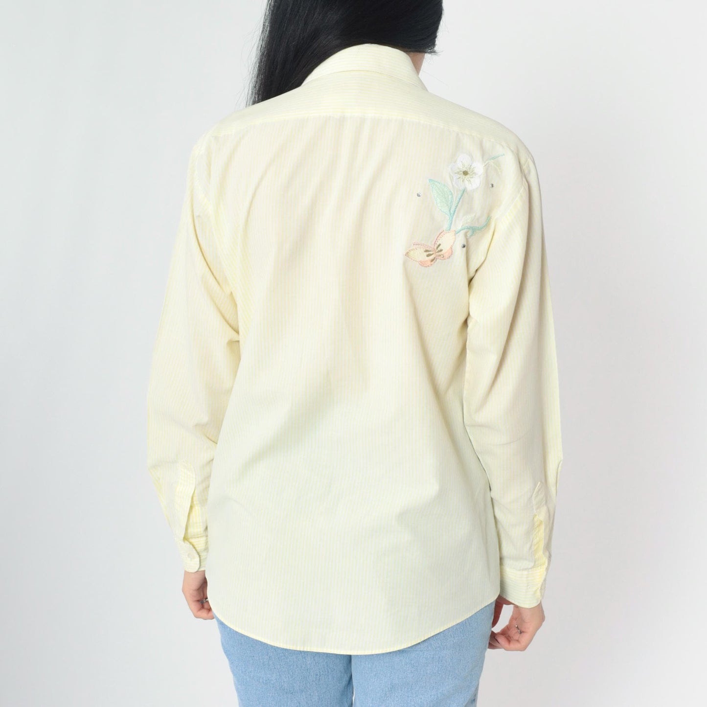90s Apache Yellow Striped Floral Embroidered Rhinestone Button Up Blouse Medium