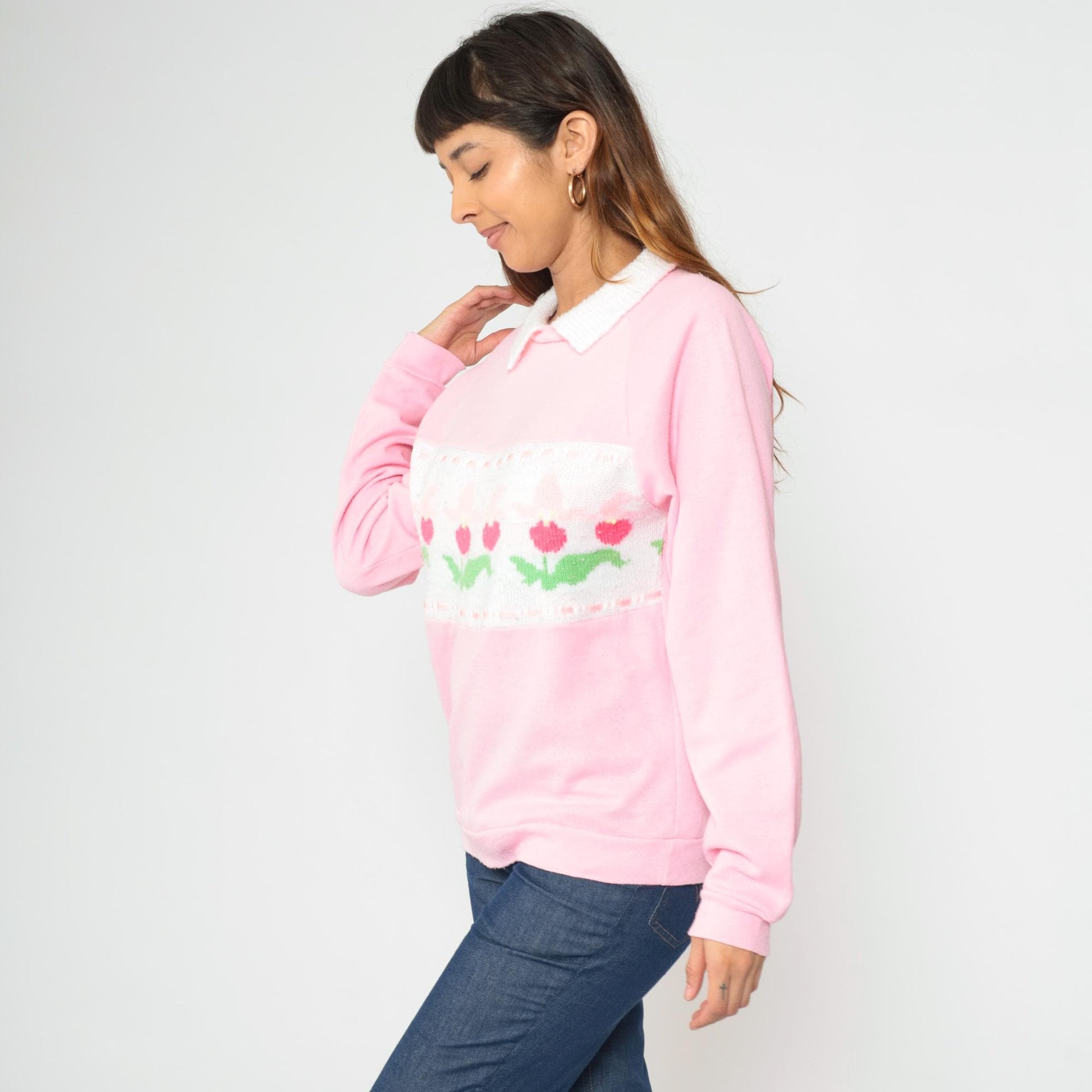 90s Pink Floral Knit Sweatshirt White Collar Raglan Pullover Medium