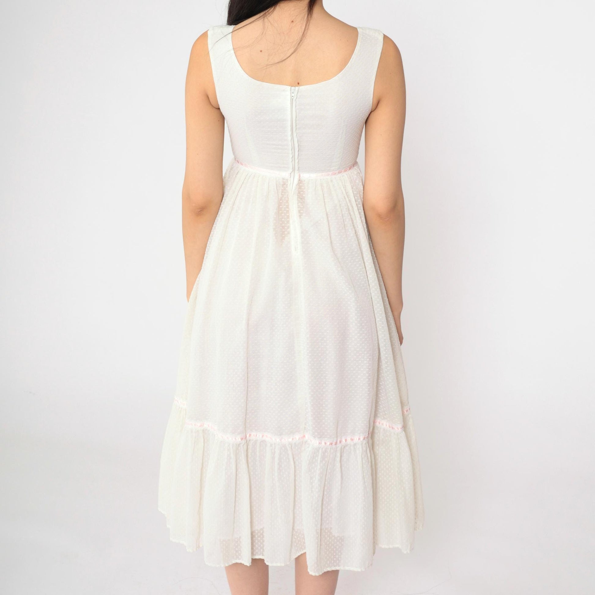 70s White Prairie Midi Dress Empire Waist Tiered Lace Pink Ribbon 2XS
