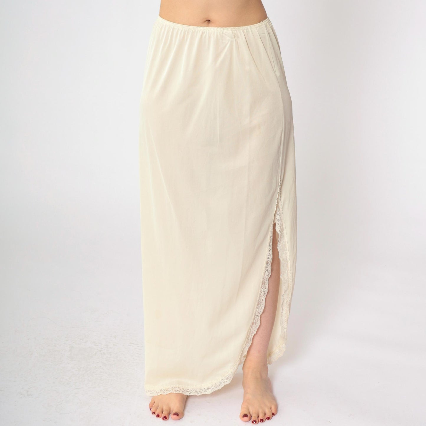 80s Cream Nylon Maxi Slip Skirt Lace Trim Side Slit Small S