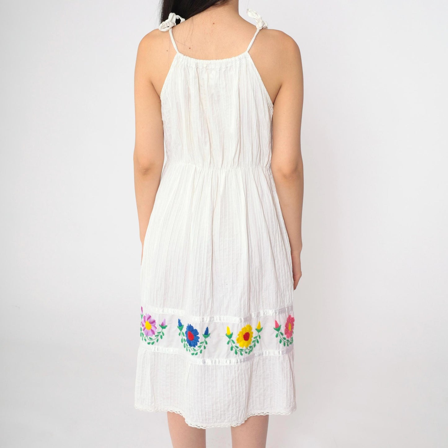 80s Mexican Floral Embroidered White Midi Dress Spaghetti Strap Medium