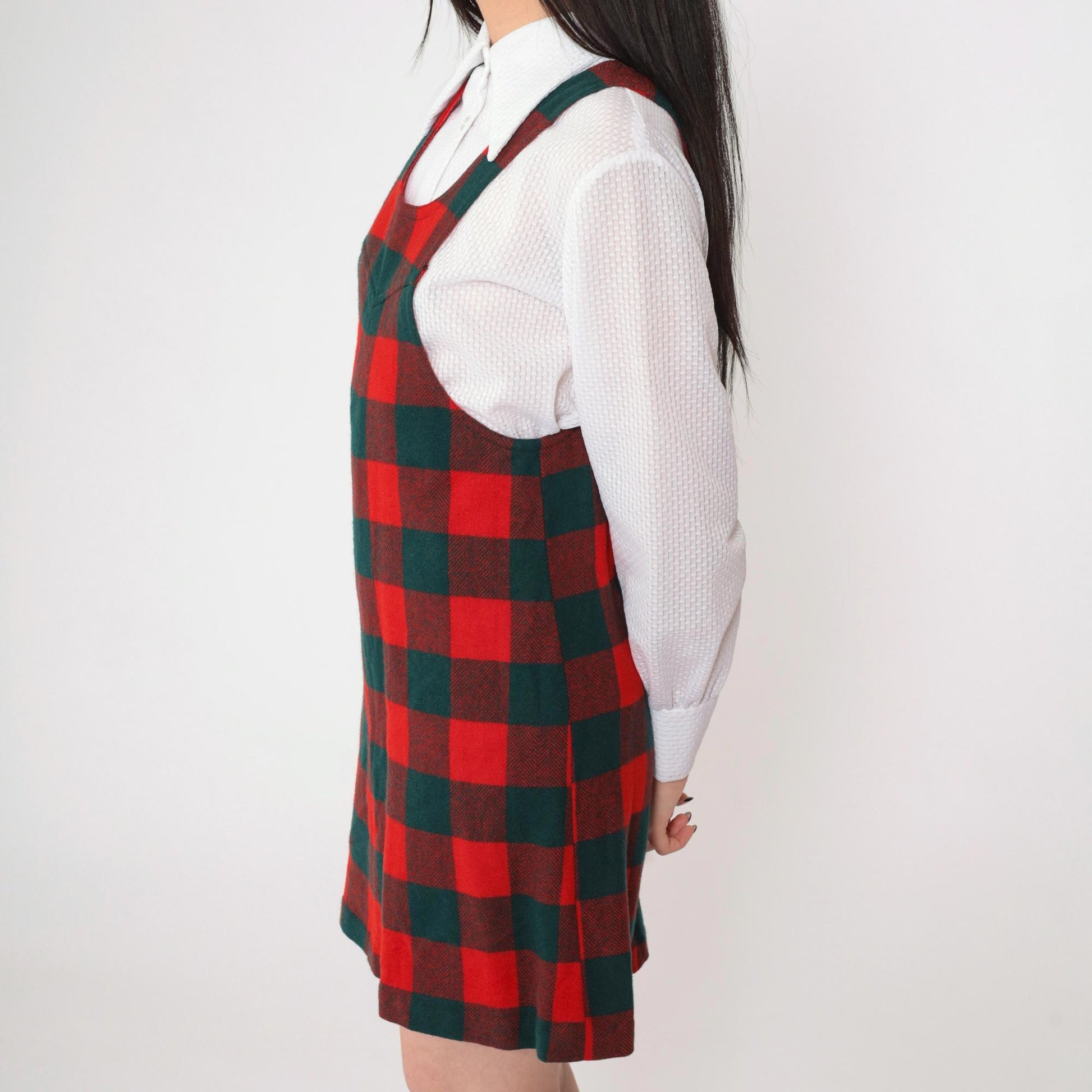 70s Plaid Jumper Dress Red Green Checkered Mini Sleeveless Extra Small
