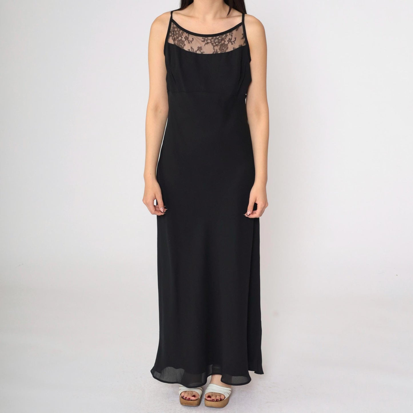 90s Jessica McClintock Gunne Sax Black Maxi Dress Spaghetti Strap Low Back Medium